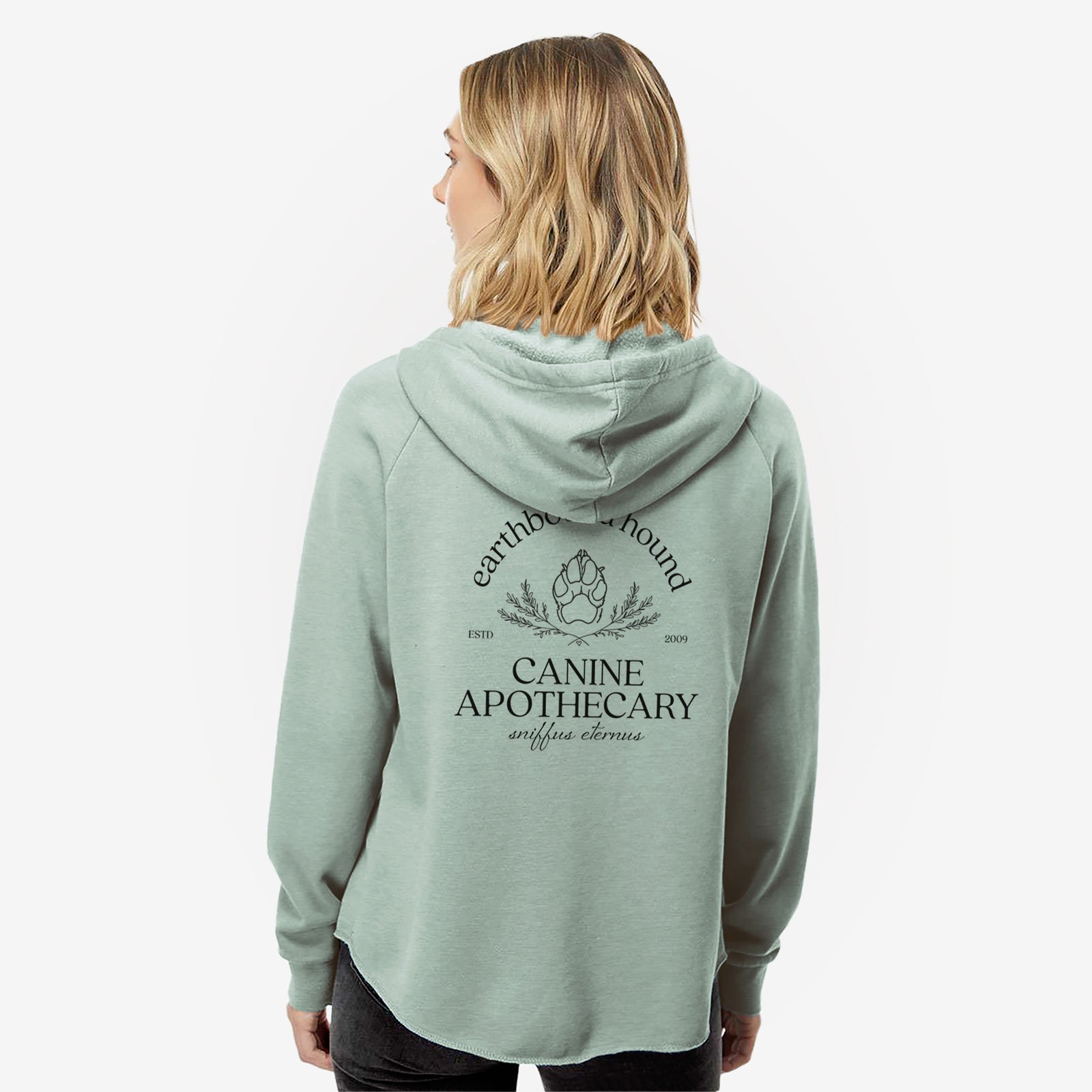 'Earthbound Hound – Canine Apothecary' design on a Sage Women's cali wave zip-up sweatshirt