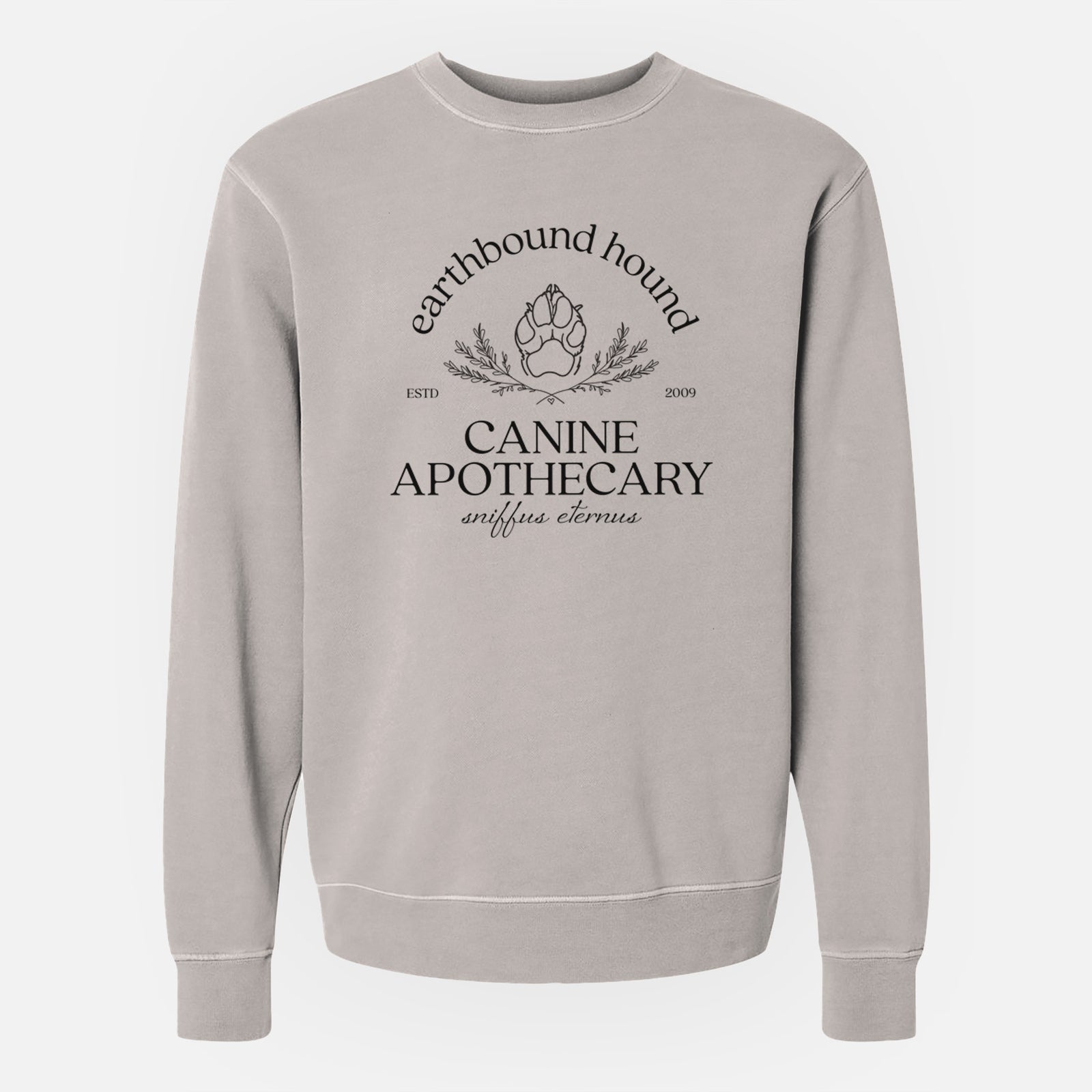 'Earthbound Hound – Canine Apothecary' design on a Cement Unisex pigment dyed crew sweatshirt