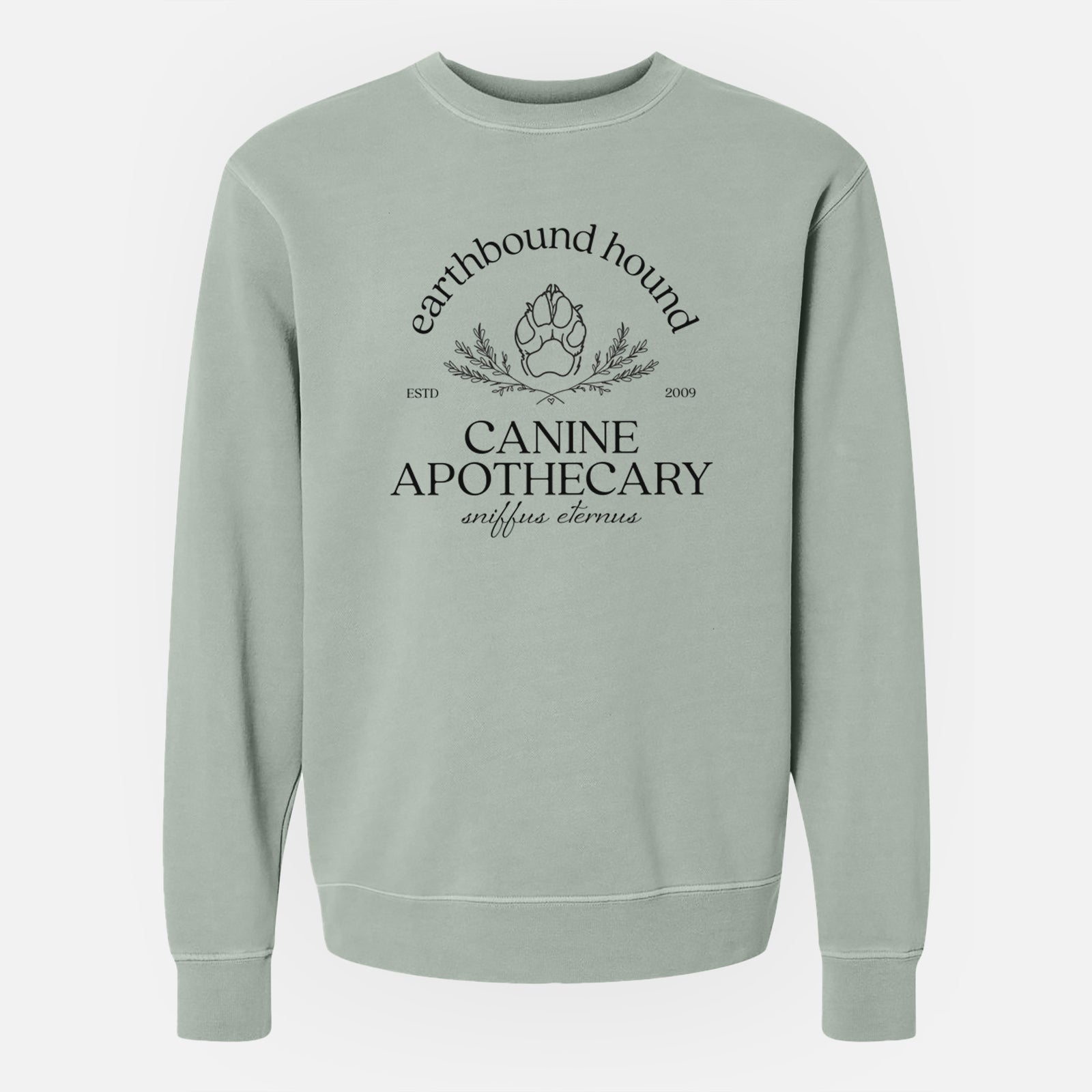 'Earthbound Hound – Canine Apothecary' design on a Sage Unisex pigment dyed crew sweatshirt