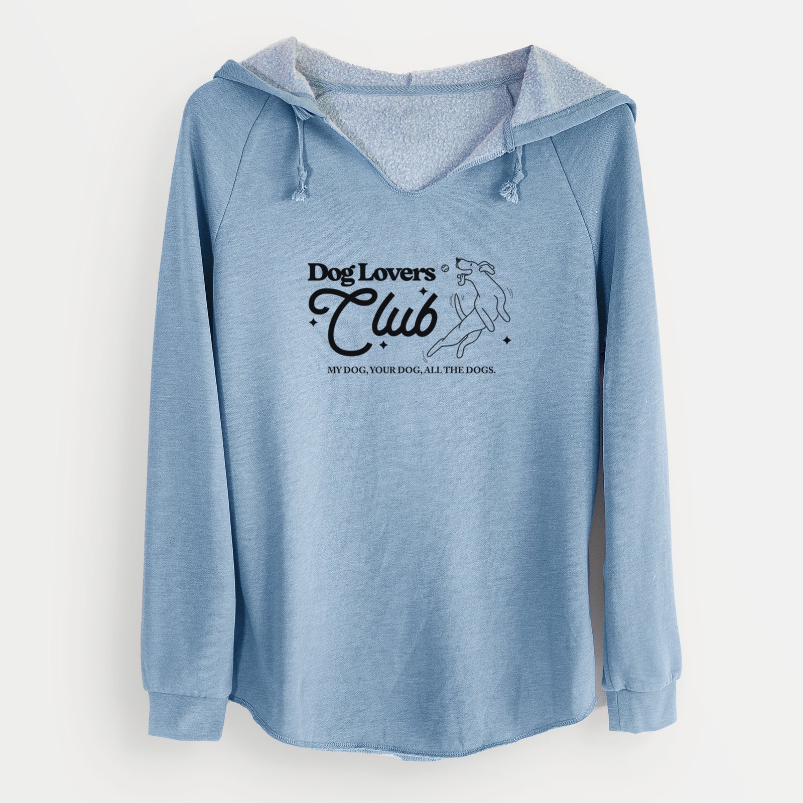 'Dog Lovers Club' design on a Misty Blue Cali Wave Hooded Sweatshirt