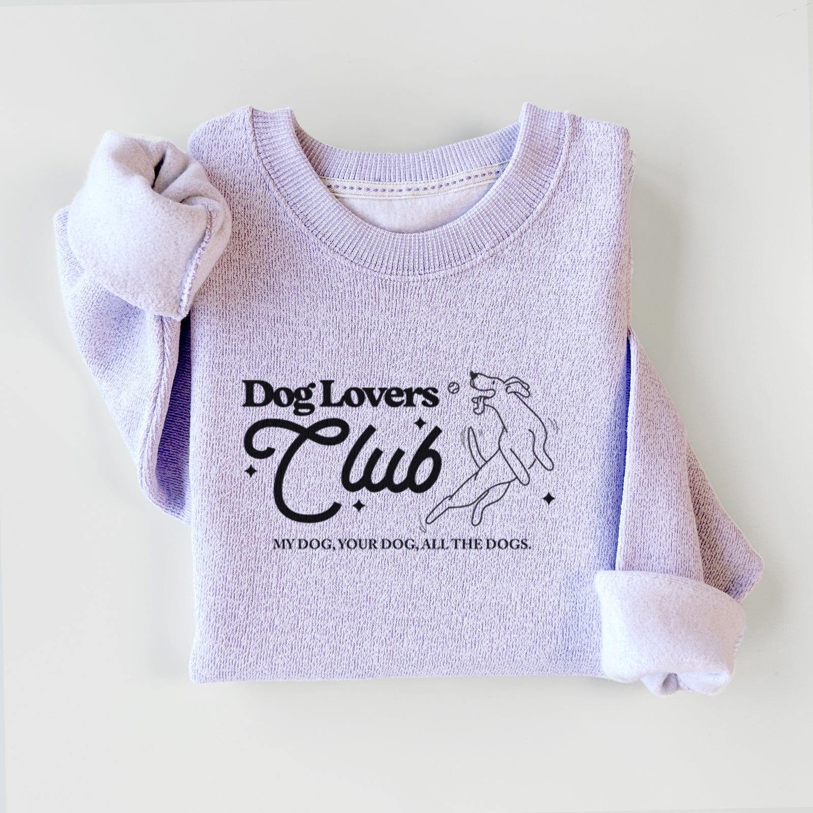 'Dog Lovers Club' design on an Ice Purple knit sweatshirt