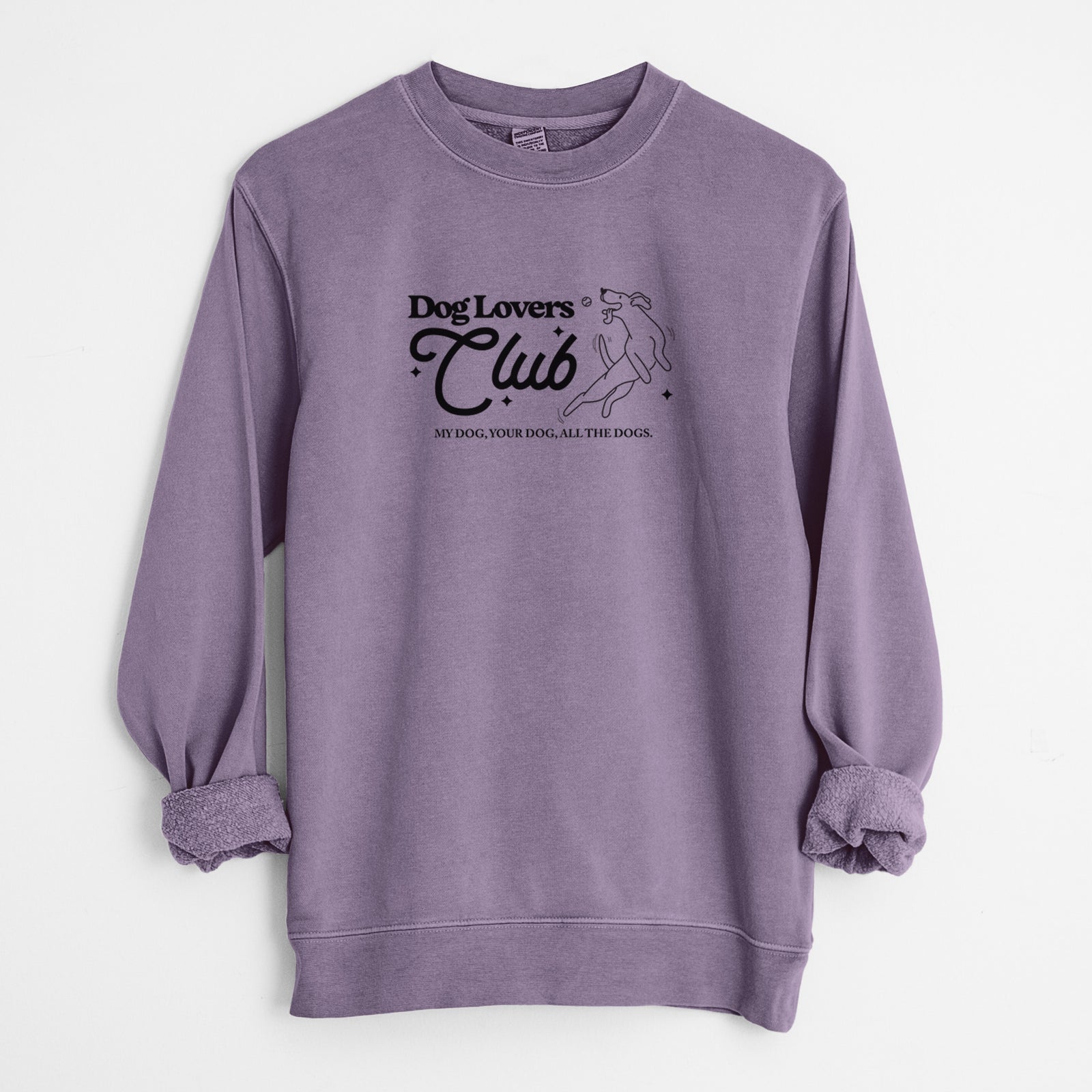 'Dog Lovers Club' design on a Plum Unisex pigment dyed crew sweatshirt
