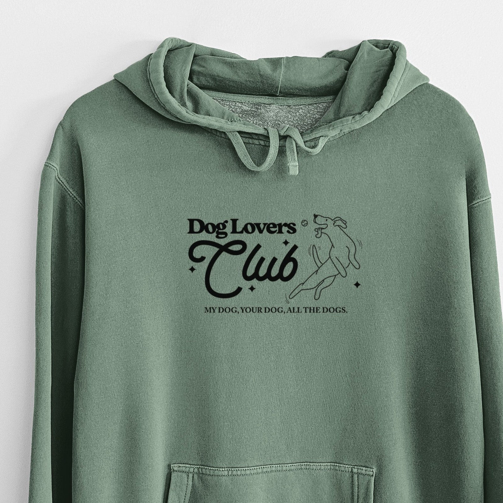 'Dog Lovers Club' design on an Alpine Green Unisex pigment dyed hoodie
