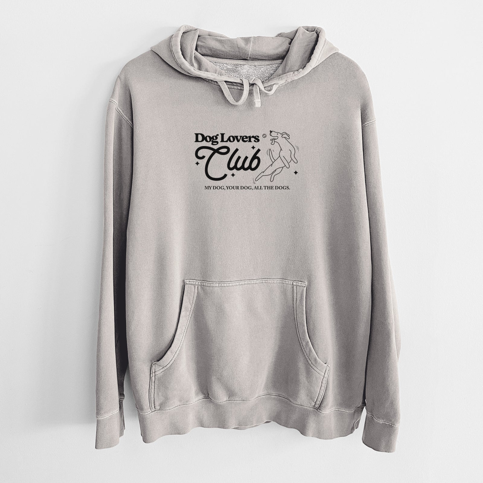 'Dog Lovers Club' design on a Cement Unisex pigment dyed hoodie