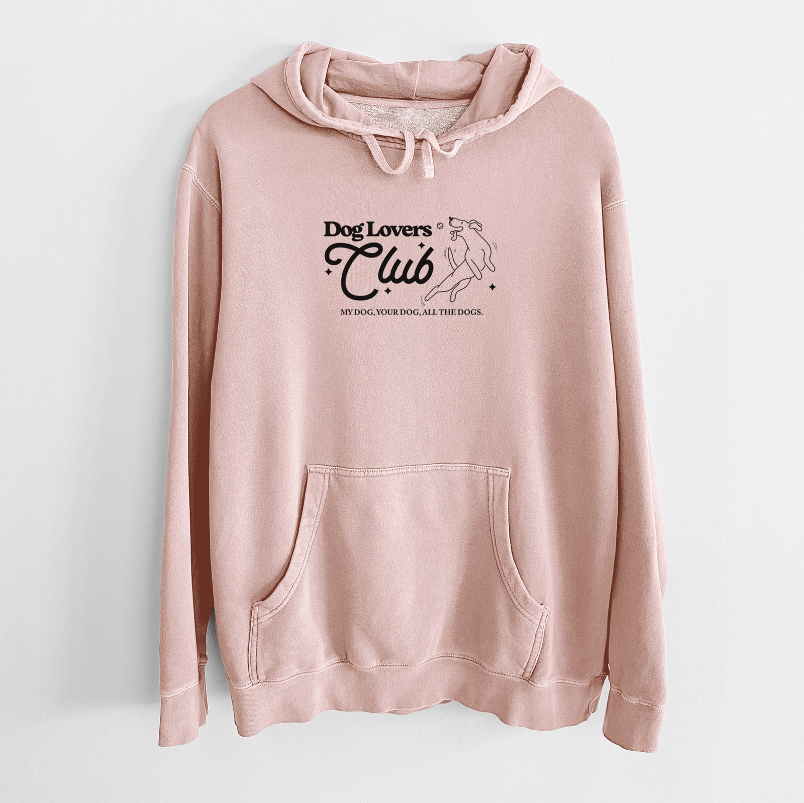 'Dog Lovers Club' design on a Dusty Pink Unisex pigment dyed hoodie