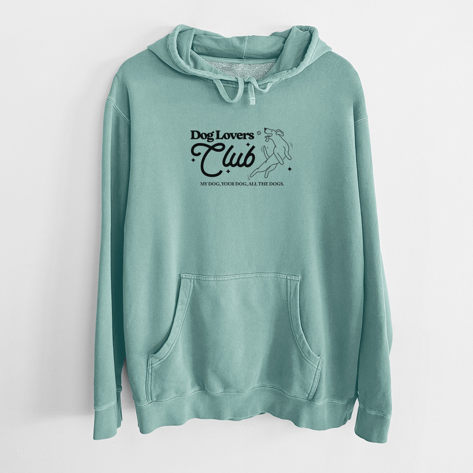 'Dog Lovers Club' design on a Mint Unisex pigment dyed hoodie