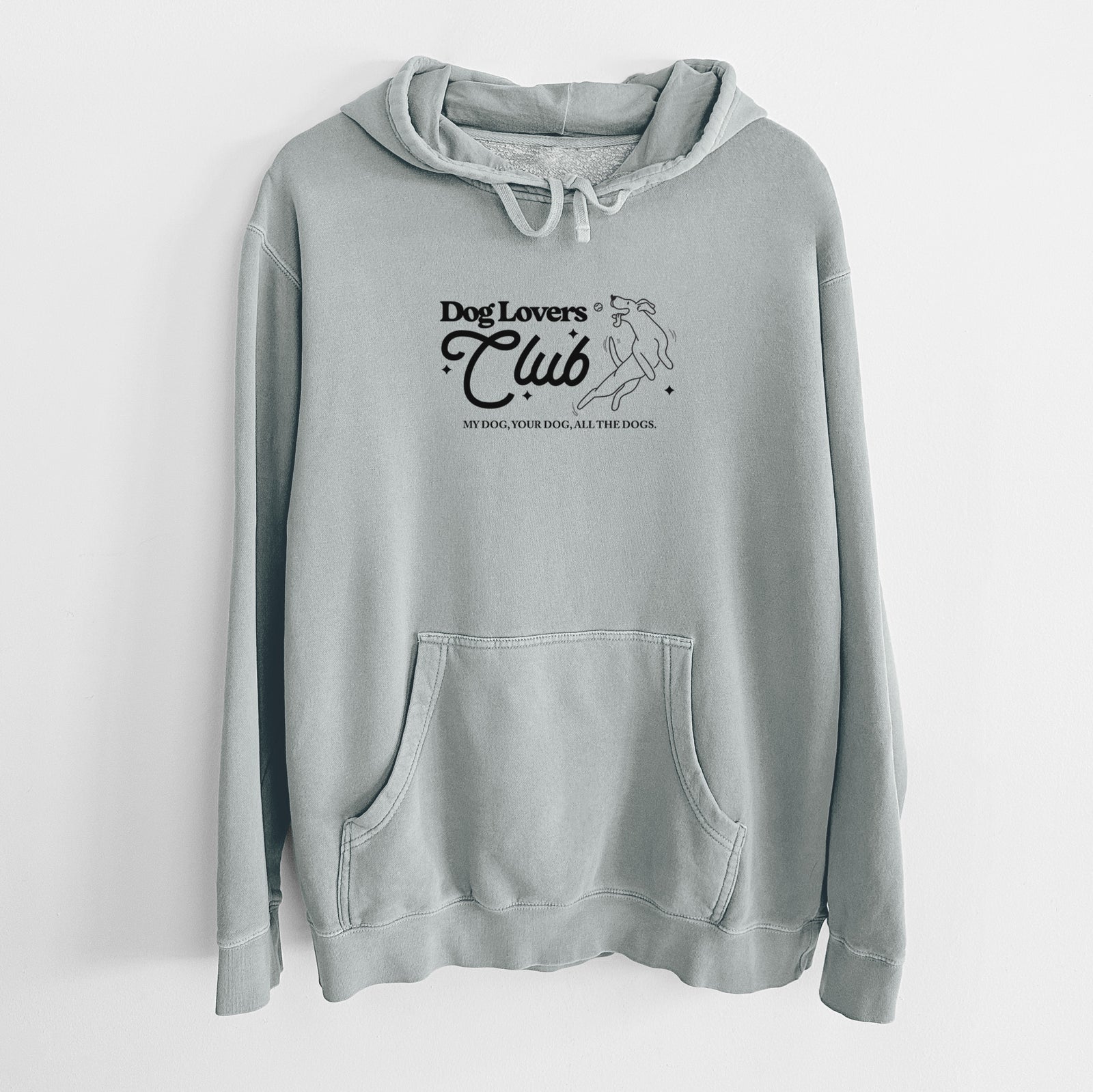 'Dog Lovers Club' design on a Sage Unisex pigment dyed hoodie