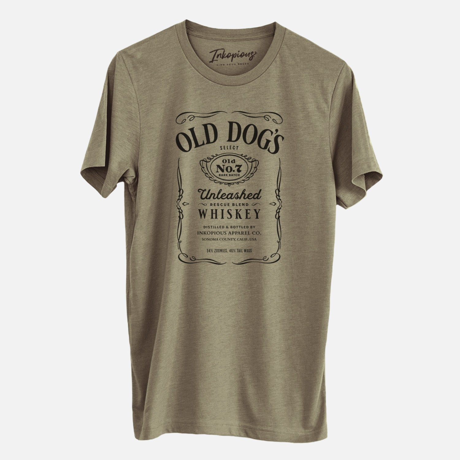 'Old Dog’s No. 7 – Unleashed Whiskey' design on an Olive Unisex crewneck, worn by a man