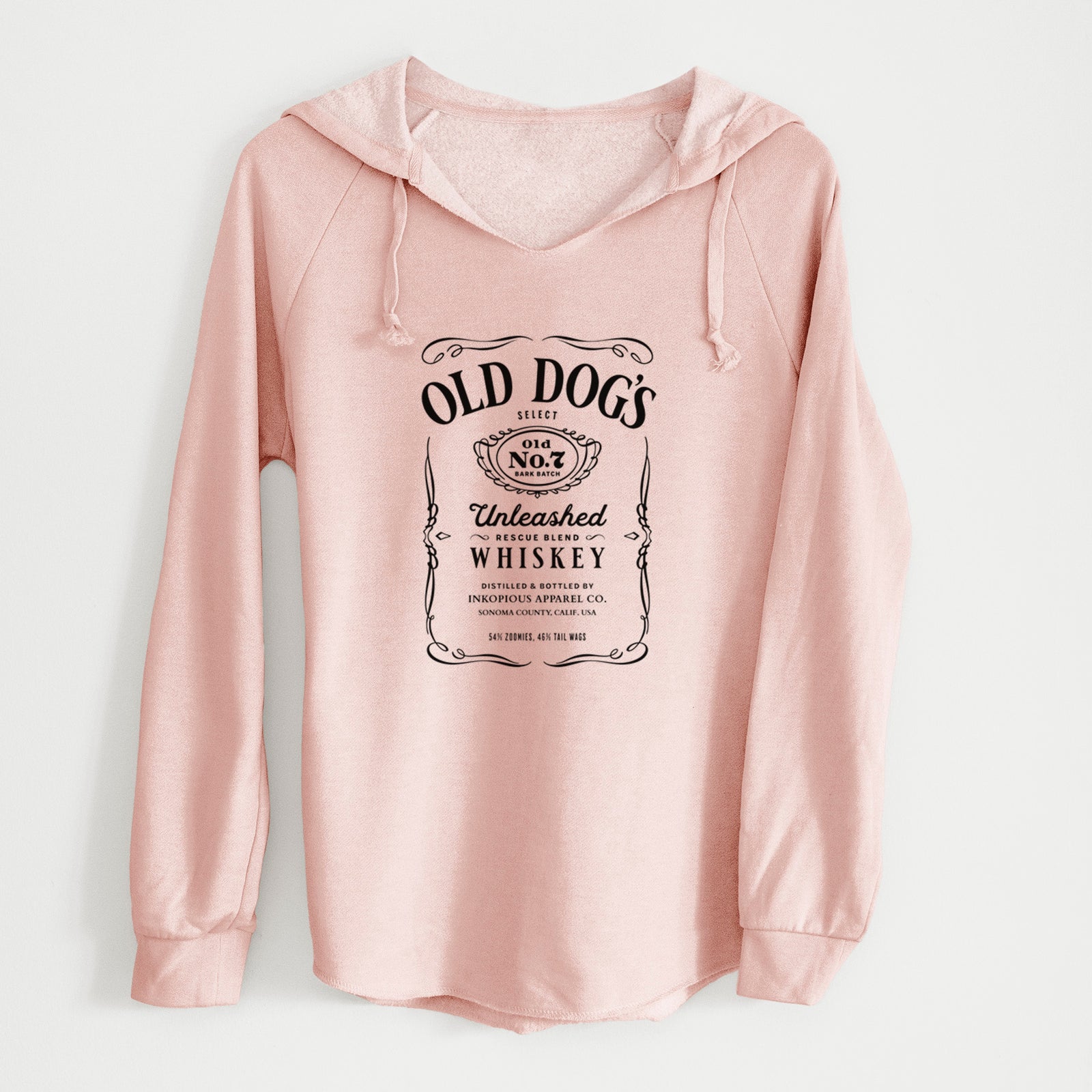 'Old Dog’s No. 7 – Unleashed Whiskey' design on a Blush Cali Wave Hooded Sweatshirt