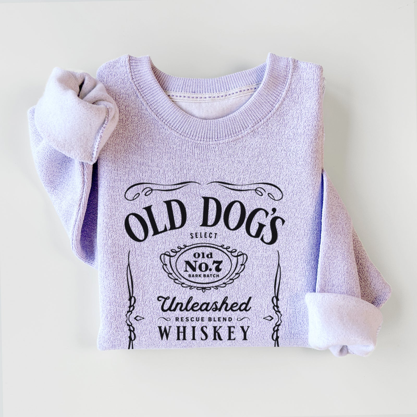 'Old Dog’s No. 7 – Unleashed Whiskey' design on an Ice Purple knit sweatshirt