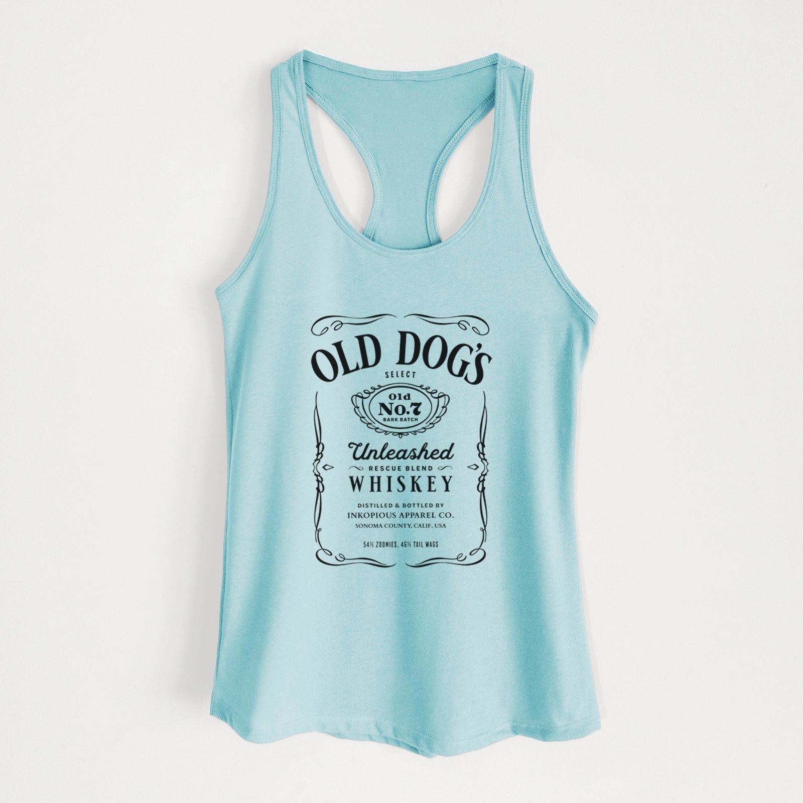 'Old Dog’s No. 7 – Unleashed Whiskey' design on a Cancun Blue Women's racerback tanktop