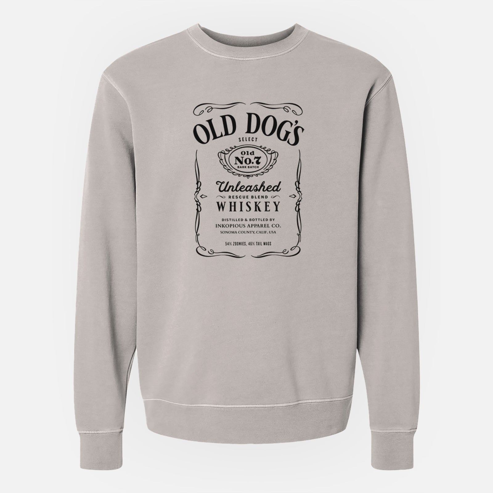 'Old Dog’s No. 7 – Unleashed Whiskey' design on a Cement Unisex pigment dyed crew sweatshirt