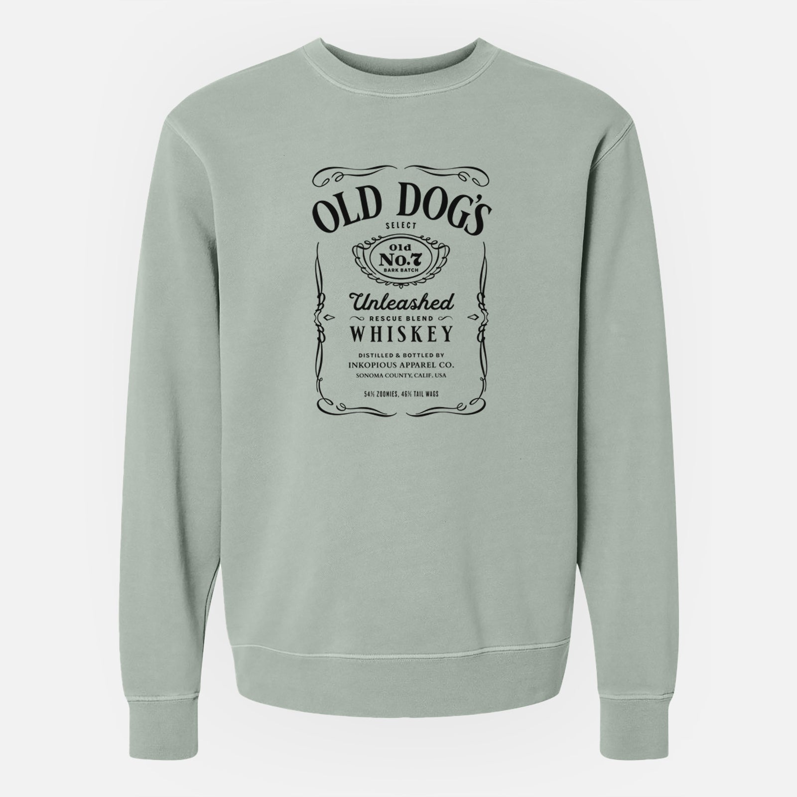 'Old Dog’s No. 7 – Unleashed Whiskey' design on a Sage Unisex pigment dyed crew sweatshirt