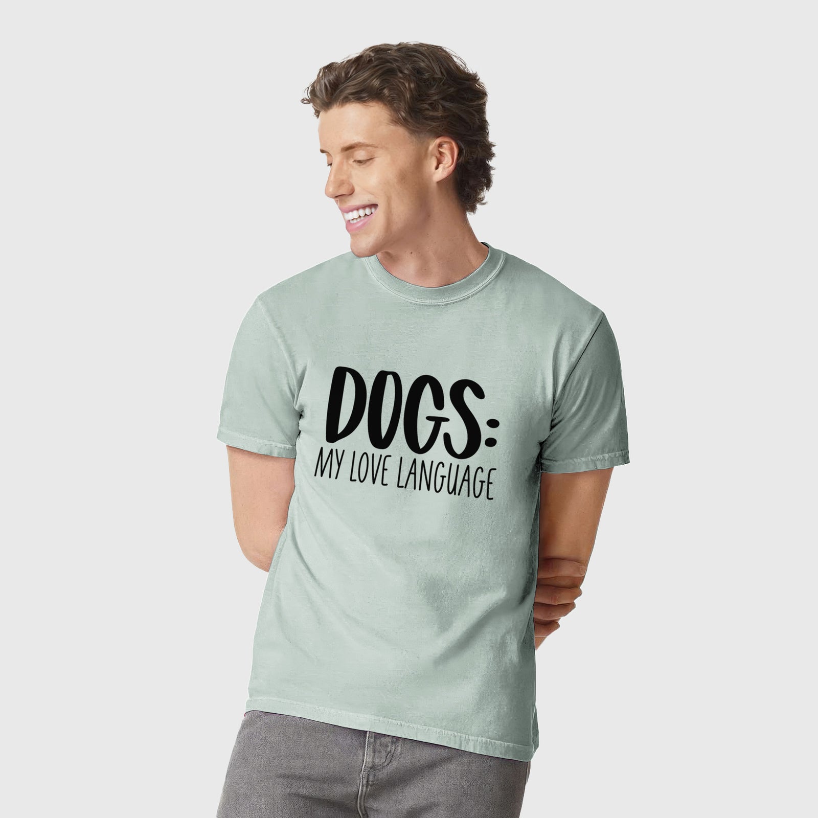 Dogs: My Love Language - Unisex Comfort Colors Garment-Dyed Heavyweight T-shirt, worn by model