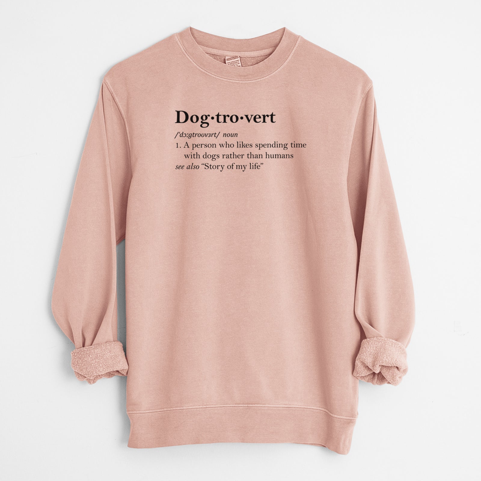'Dogtrovert Definition' design on a Dusty Pink Unisex pigment dyed crew sweatshirt