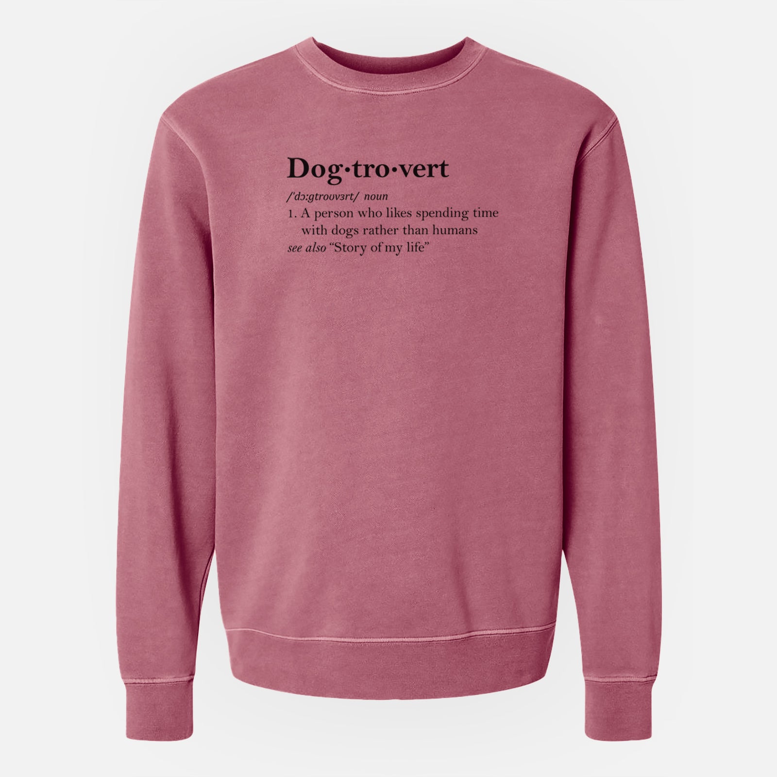 'Dogtrovert Definition' design on a Maroon Unisex pigment dyed crew sweatshirt