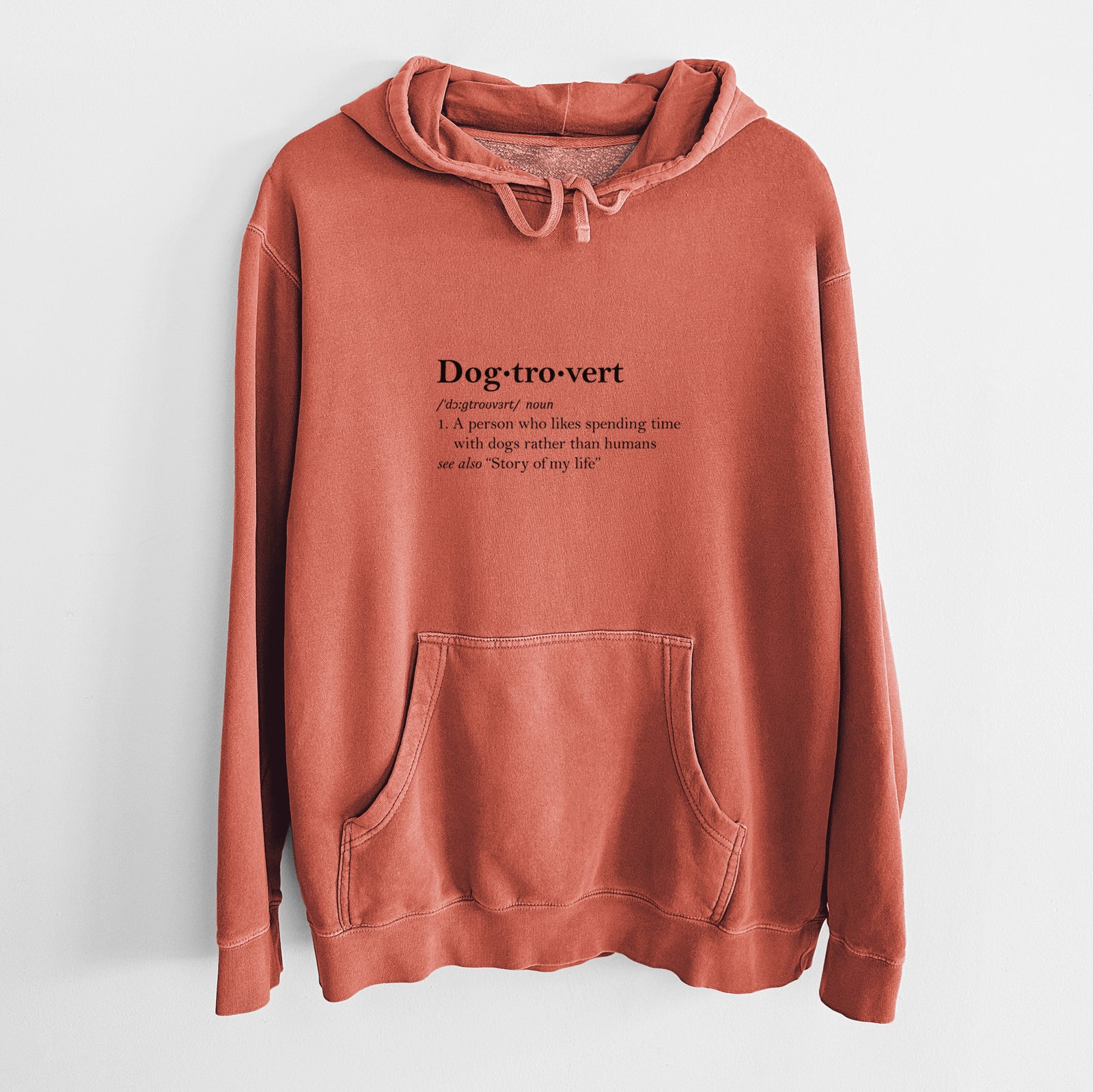 'Dogtrovert Definition' design on an Amber Unisex pigment dyed hoodie