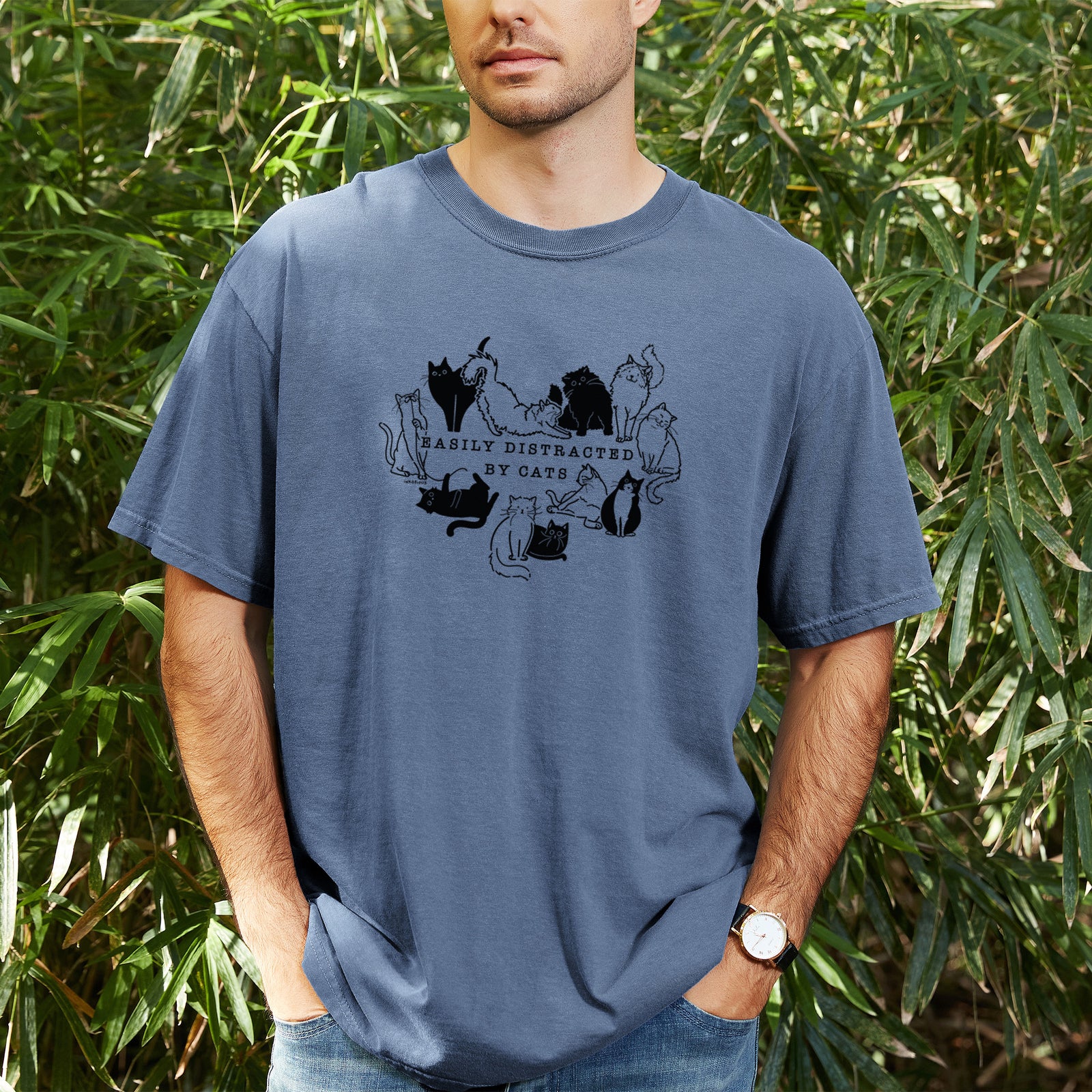 Easily Distracted by Cats - Unisex Comfort Colors Garment-Dyed Heavyweight T-shirt, worn by model