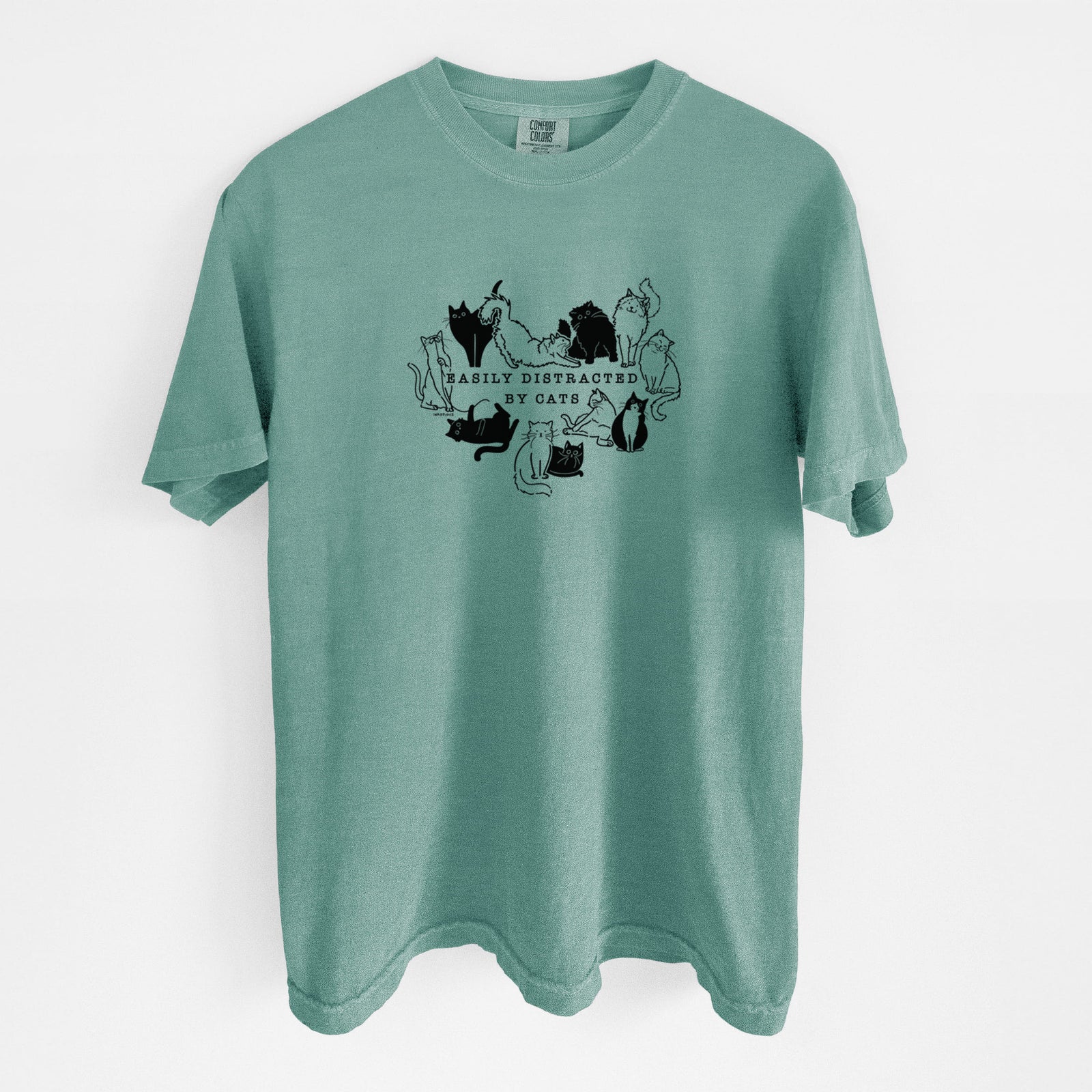 Easily Distracted by Cats - Unisex Comfort Colors Garment-Dyed Heavyweight T-shirt in Reef Green