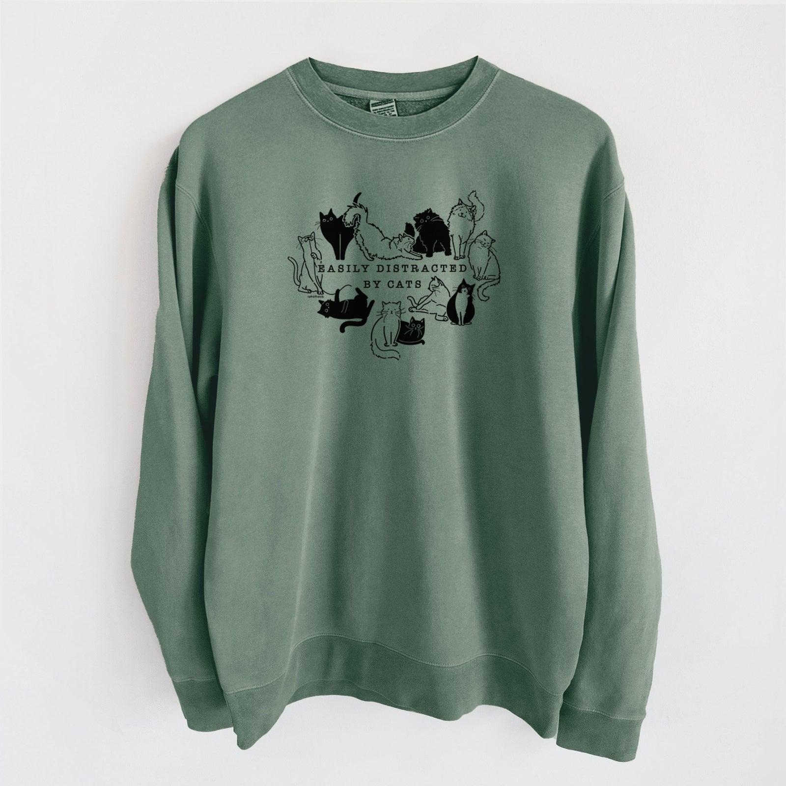 Easily Distracted by Cats - Unisex Pigment Dyed Crew Sweatshirt in Alpine Green