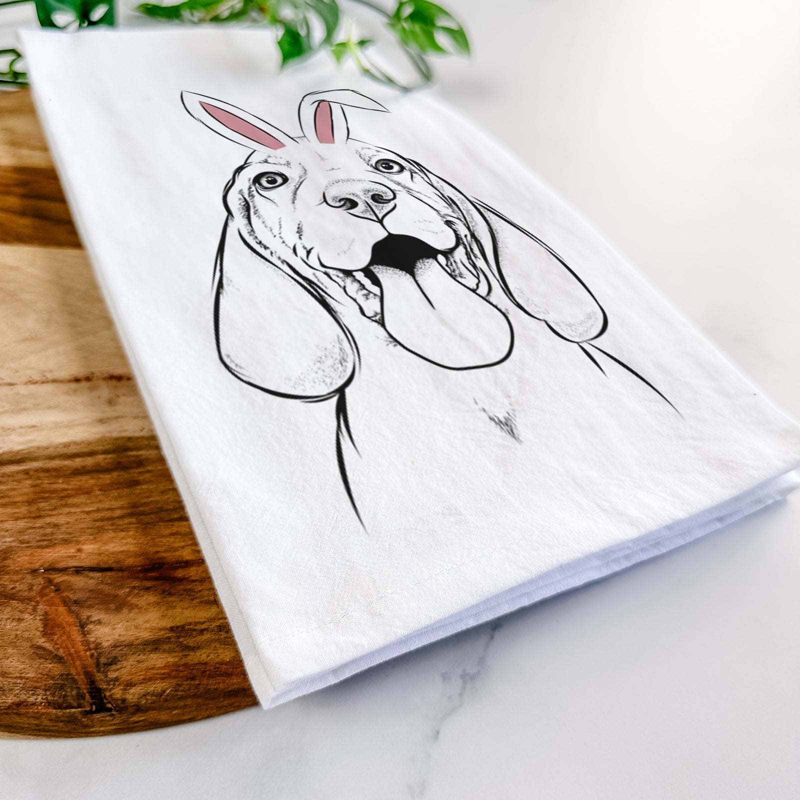 Hand-drawn sketch of Bodi the Vizsla wearing Easter bunny ears on a tea towel