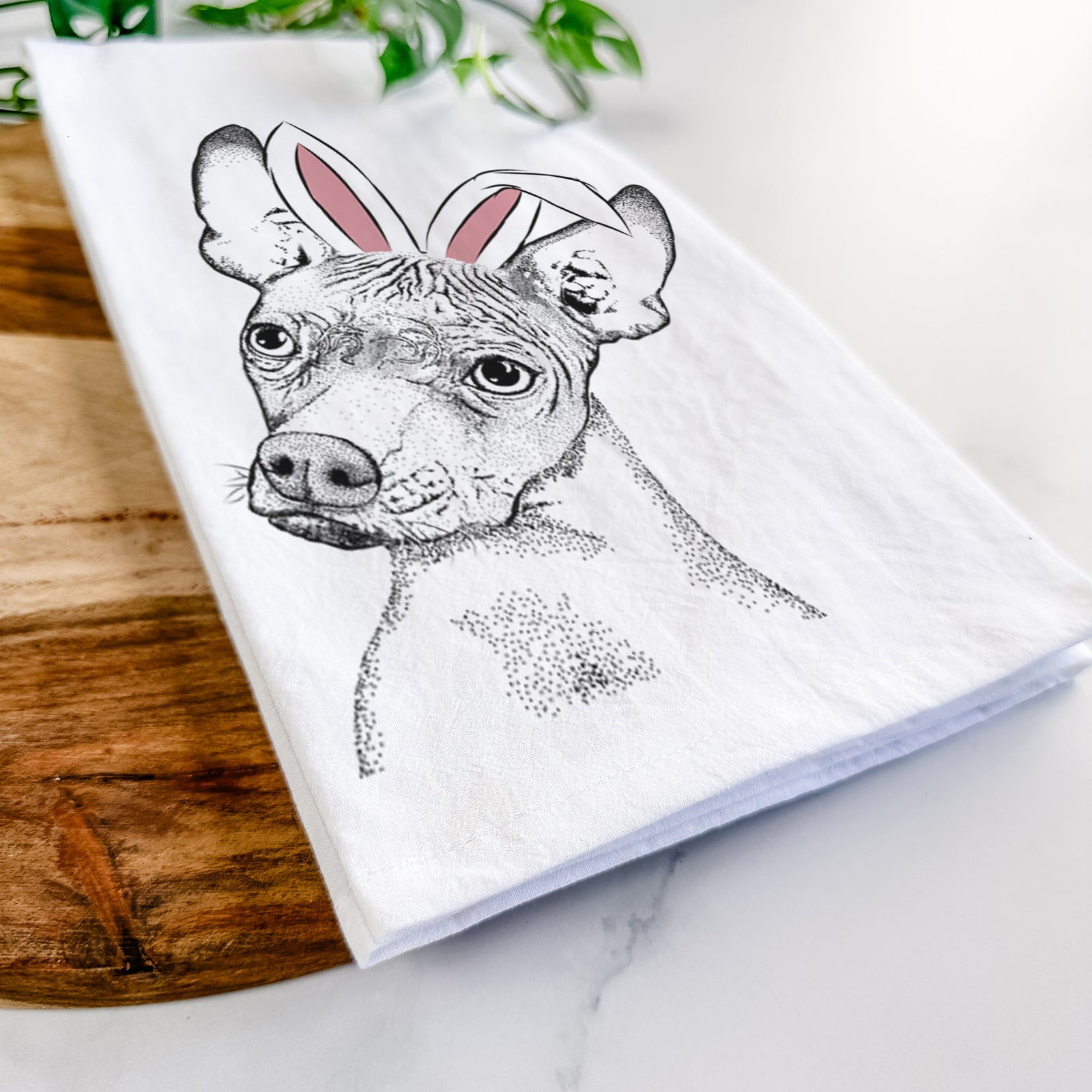 Hand-drawn sketch of Kahlo the Xoloitzcuintli wearing Easter bunny ears on a tea towel