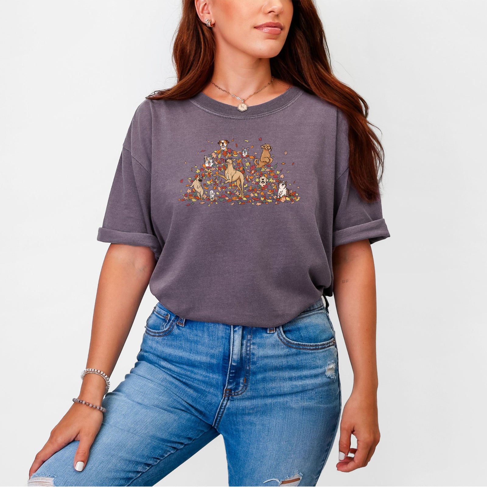 Fall Leaf Pile Pups - Unisex Comfort Colors Garment-Dyed Heavyweight T-shirt, worn by model