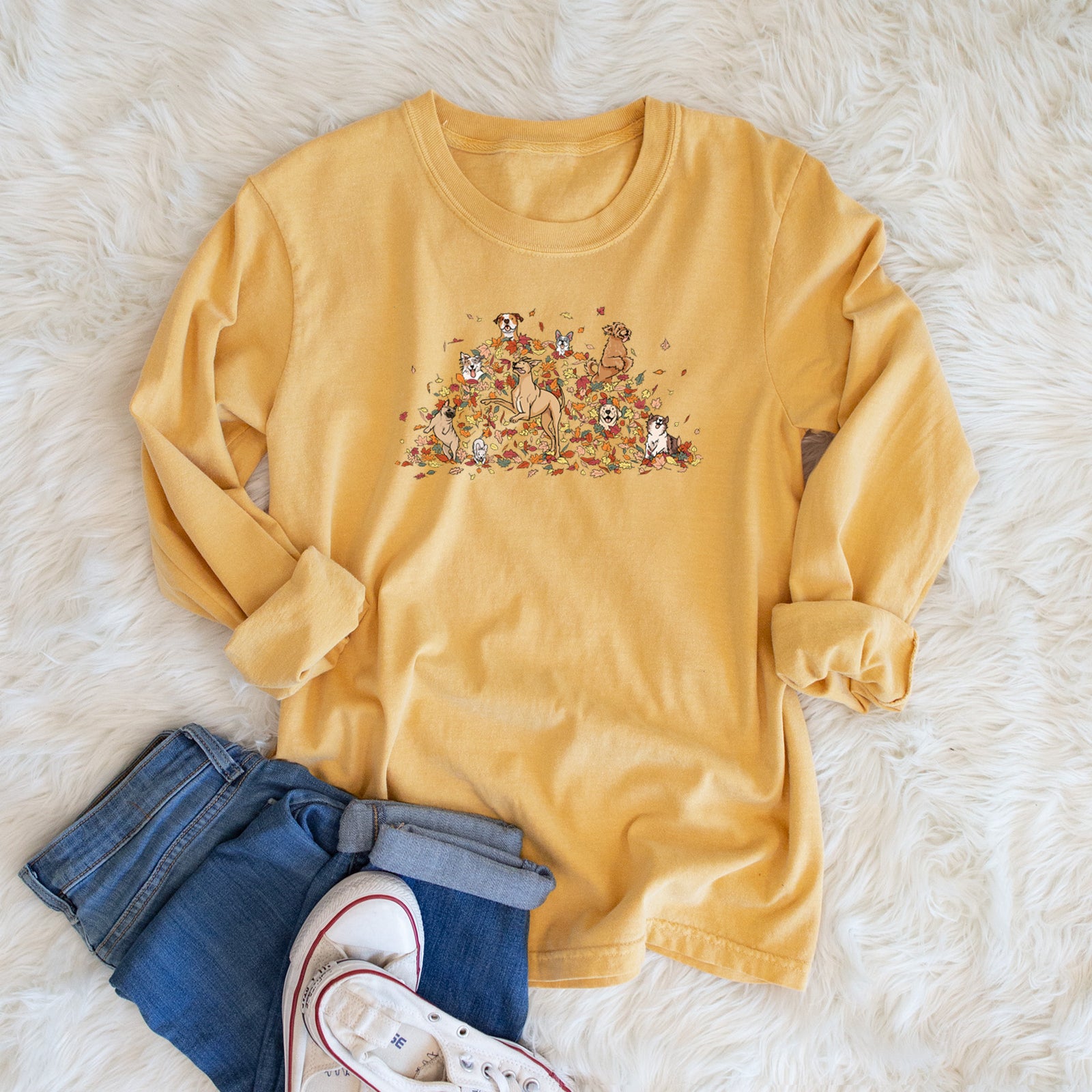 Fall Leaf Pile Pups - Heavyweight 100% Cotton Long Sleeve