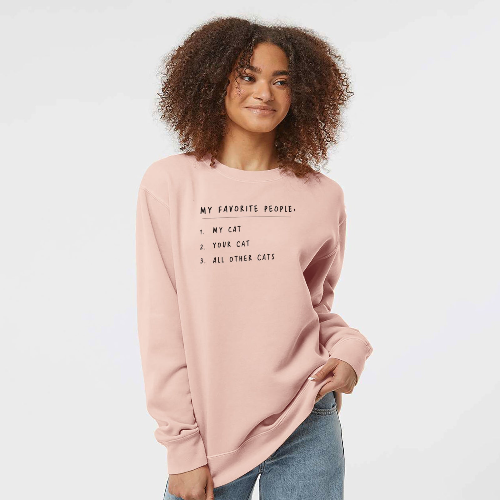 'My Favorite People: Cats' design on a Dusty Pink Unisex pigment dyed crew sweatshirt