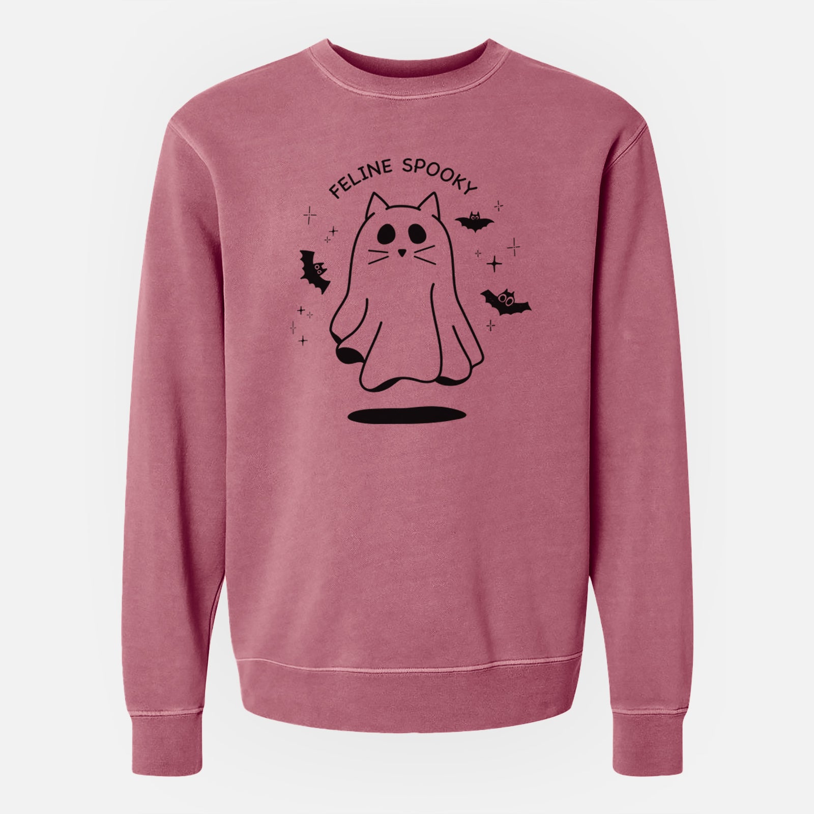 'Feline Spooky' design on a Maroon Unisex pigment dyed crew sweatshirt