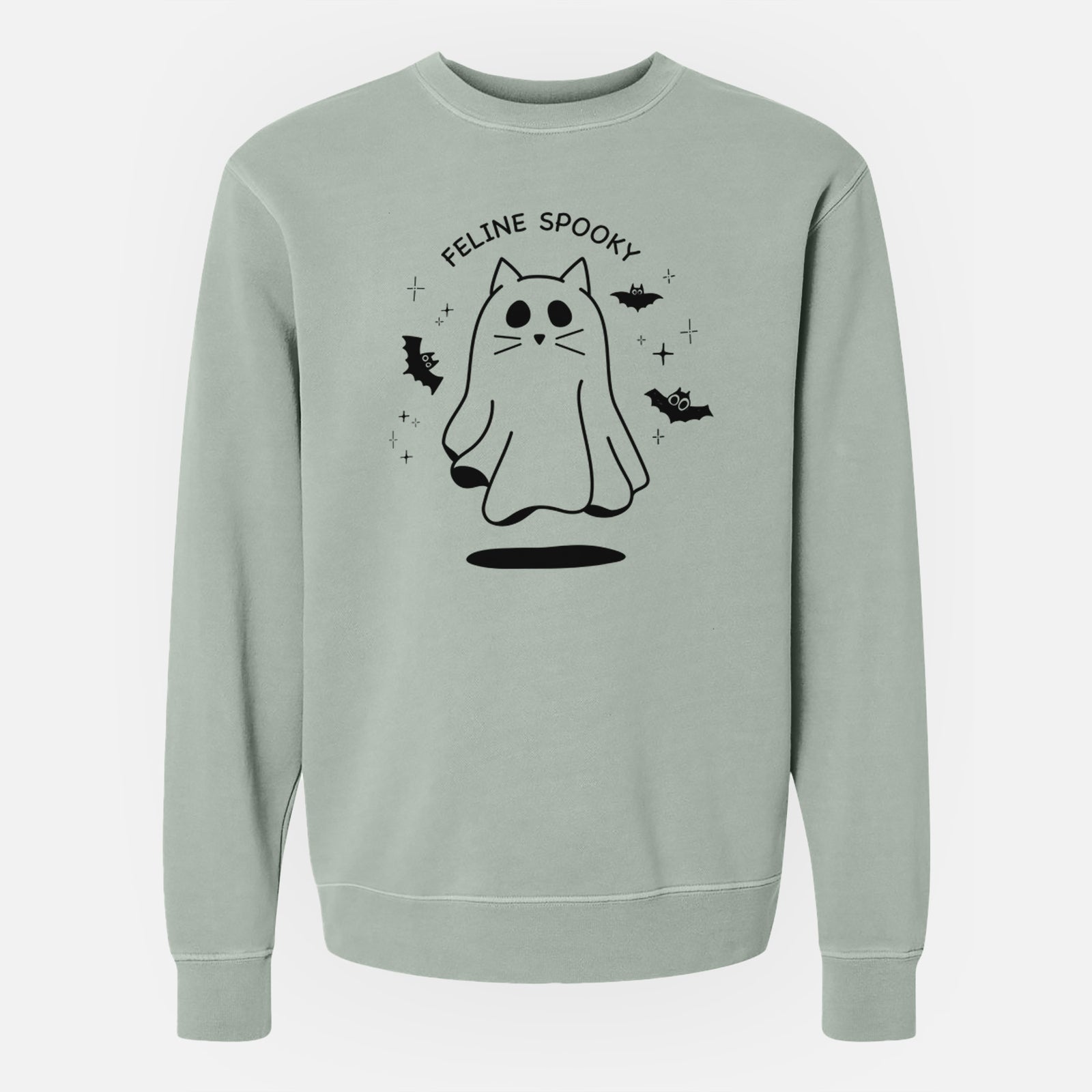 'Feline Spooky' design on a Sage Unisex pigment dyed crew sweatshirt