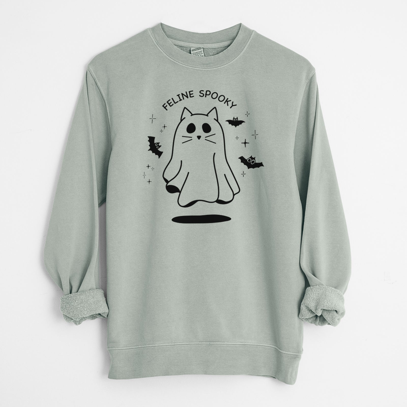 'Feline Spooky' design on a Sage Unisex pigment dyed crew sweatshirt