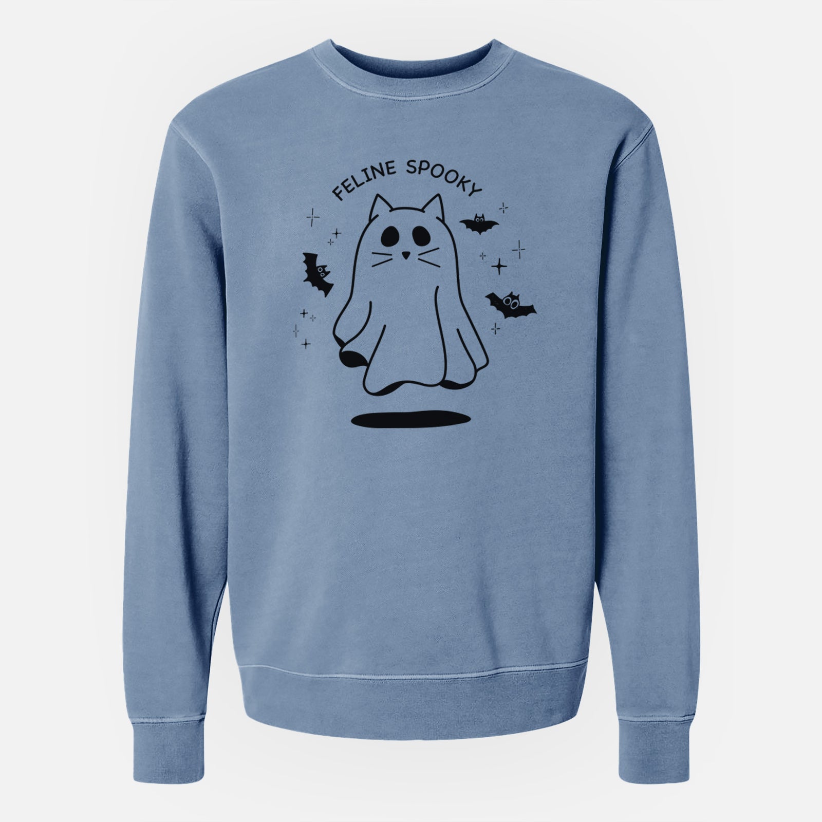 'Feline Spooky' design on a Slate Blue Unisex pigment dyed crew sweatshirt