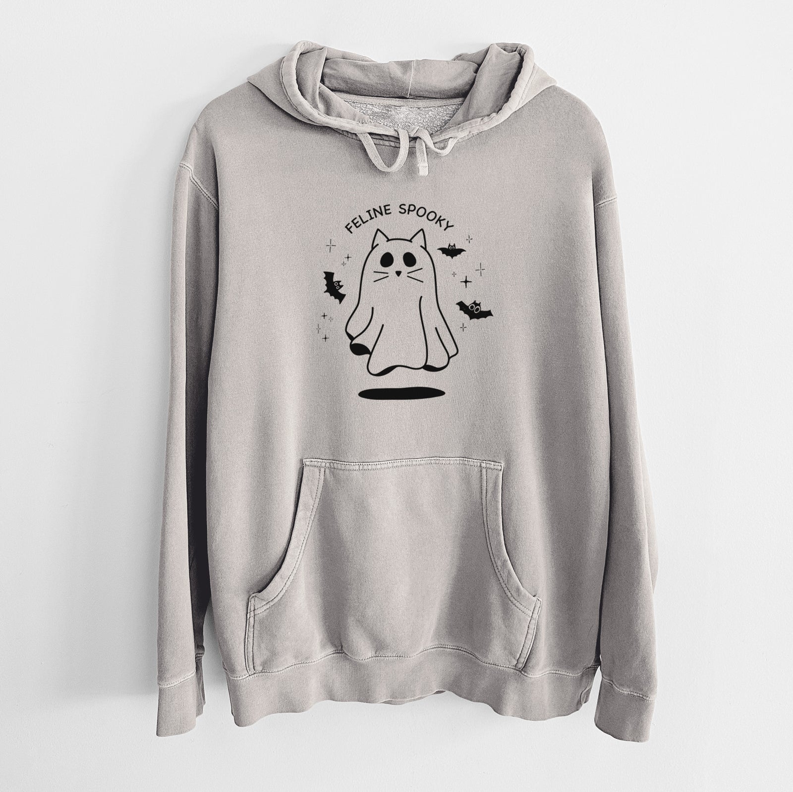 'Feline Spooky' design on a Cement Unisex pigment dyed hoodie