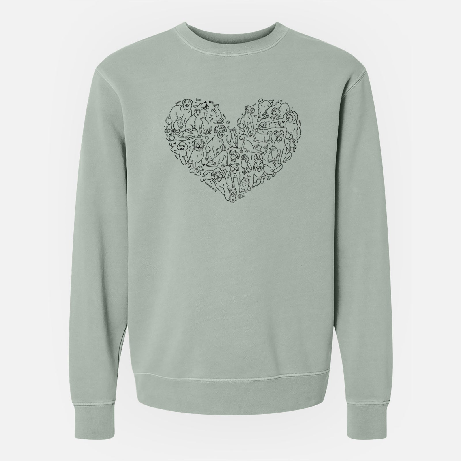 'Heart Full of Dogs and Cats' design on a Sage Unisex pigment dyed crew sweatshirt