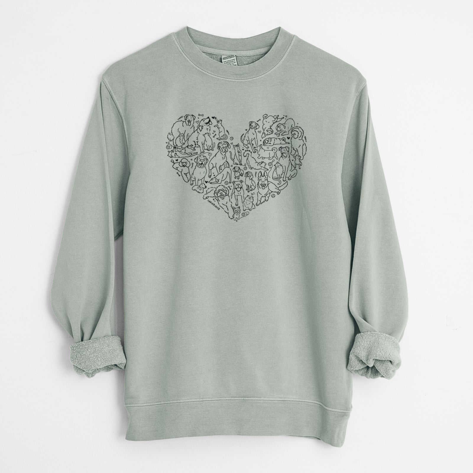 'Heart Full of Dogs and Cats' design on a Sage Unisex pigment dyed crew sweatshirt