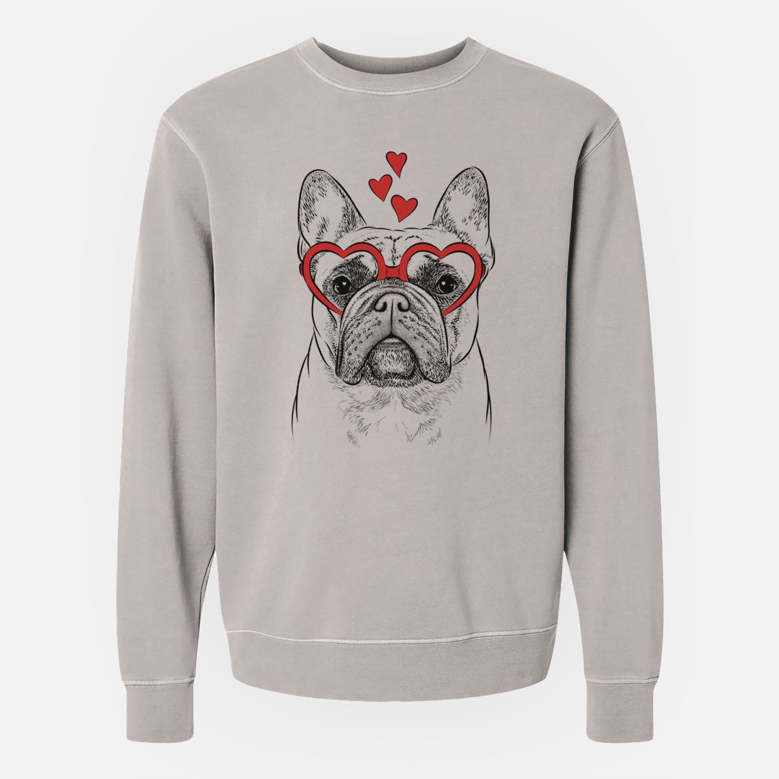 Hand-drawn sketch of Acelynn the French Bulldog wearing heart-shaped glasses on a Cement Unisex pigment dyed crew sweatshirt
