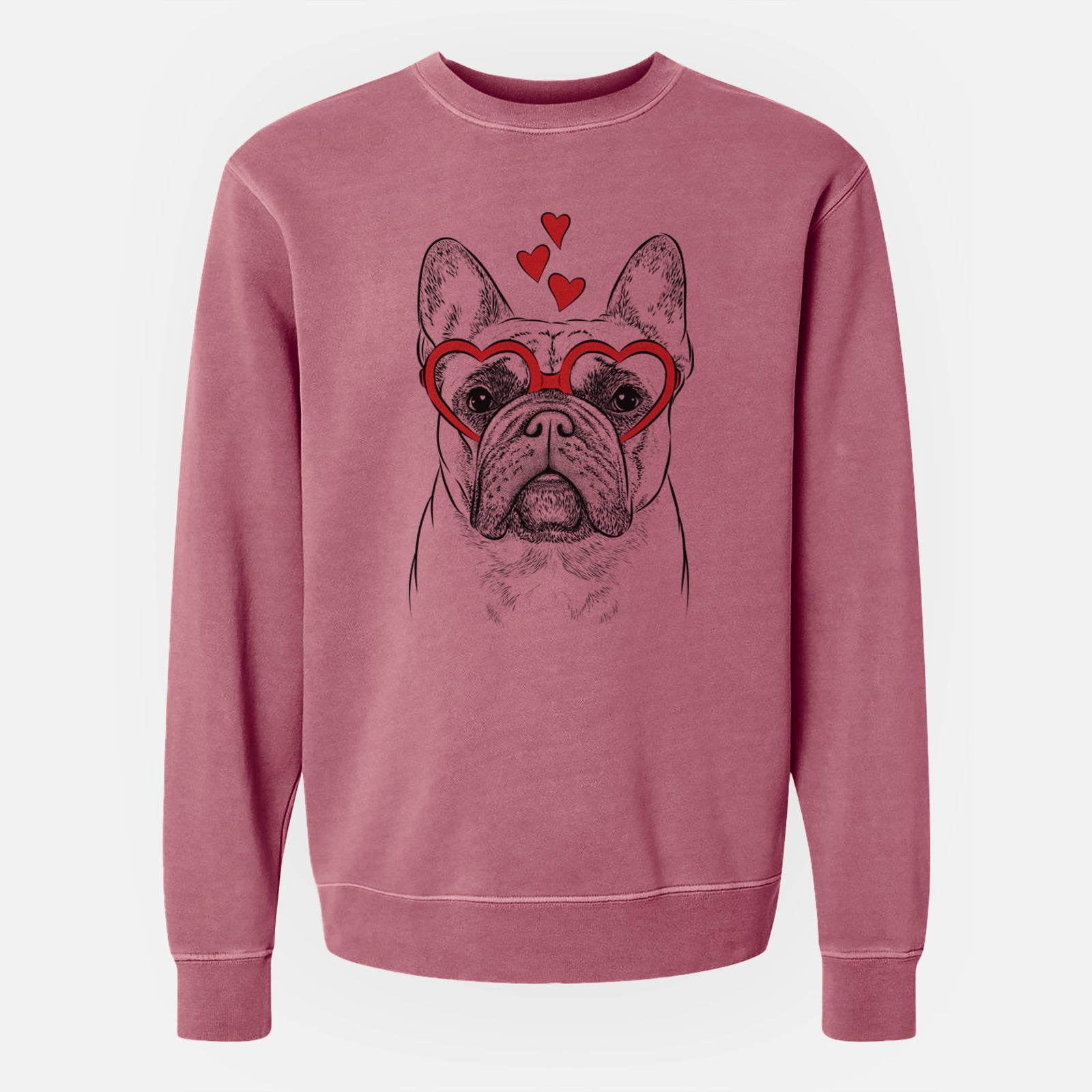 Hand-drawn sketch of Acelynn the French Bulldog wearing heart-shaped glasses on a Maroon Unisex pigment dyed crew sweatshirt