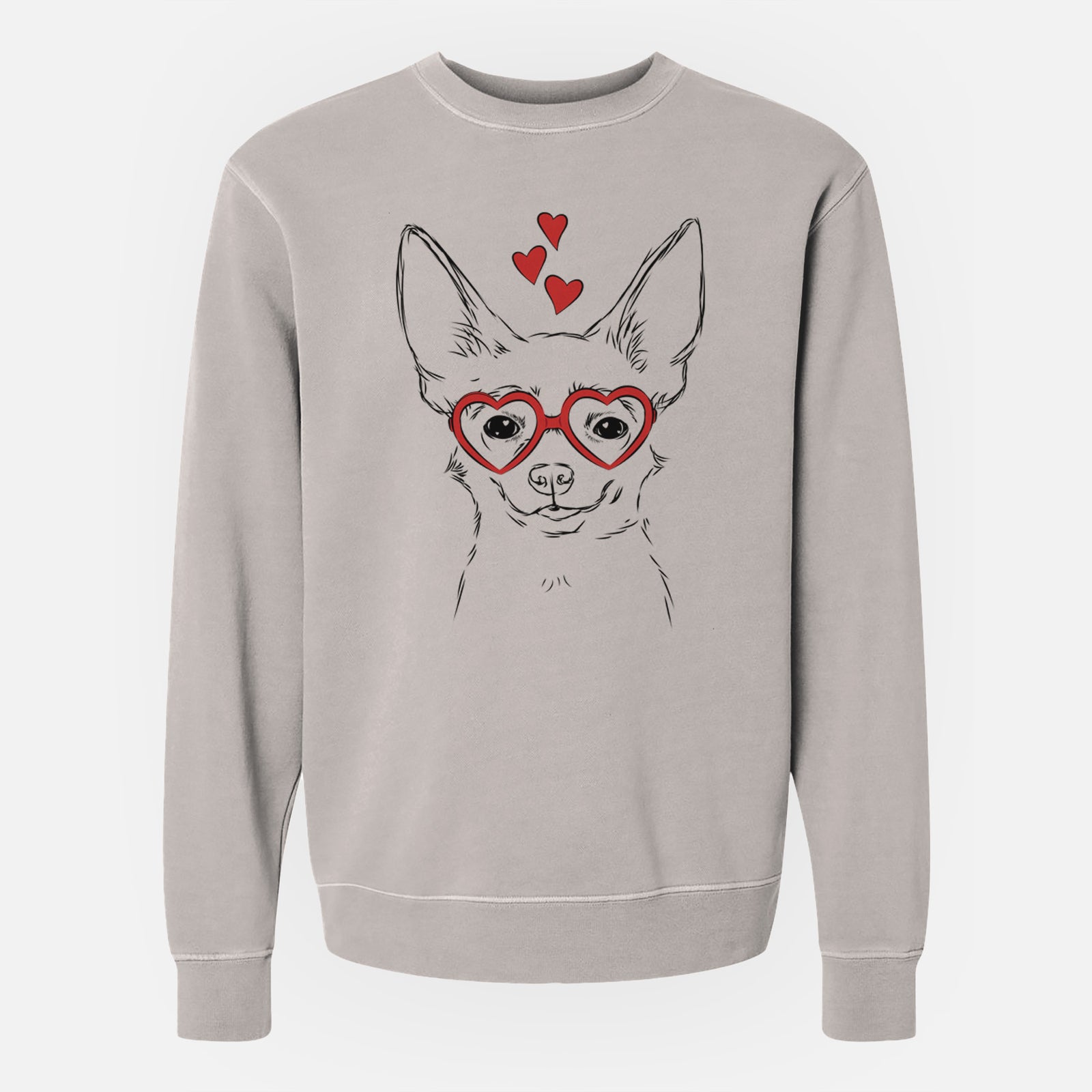 Hand-drawn sketch of Amos the Chihuahua wearing heart-shaped glasses on a Cement Unisex pigment dyed crew sweatshirt