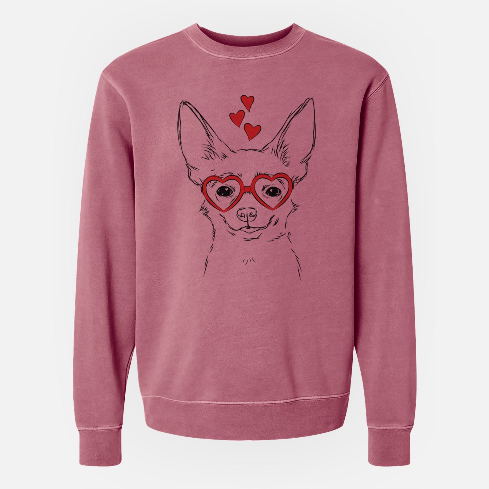 Hand-drawn sketch of Amos the Chihuahua wearing heart-shaped glasses on a Maroon Unisex pigment dyed crew sweatshirt