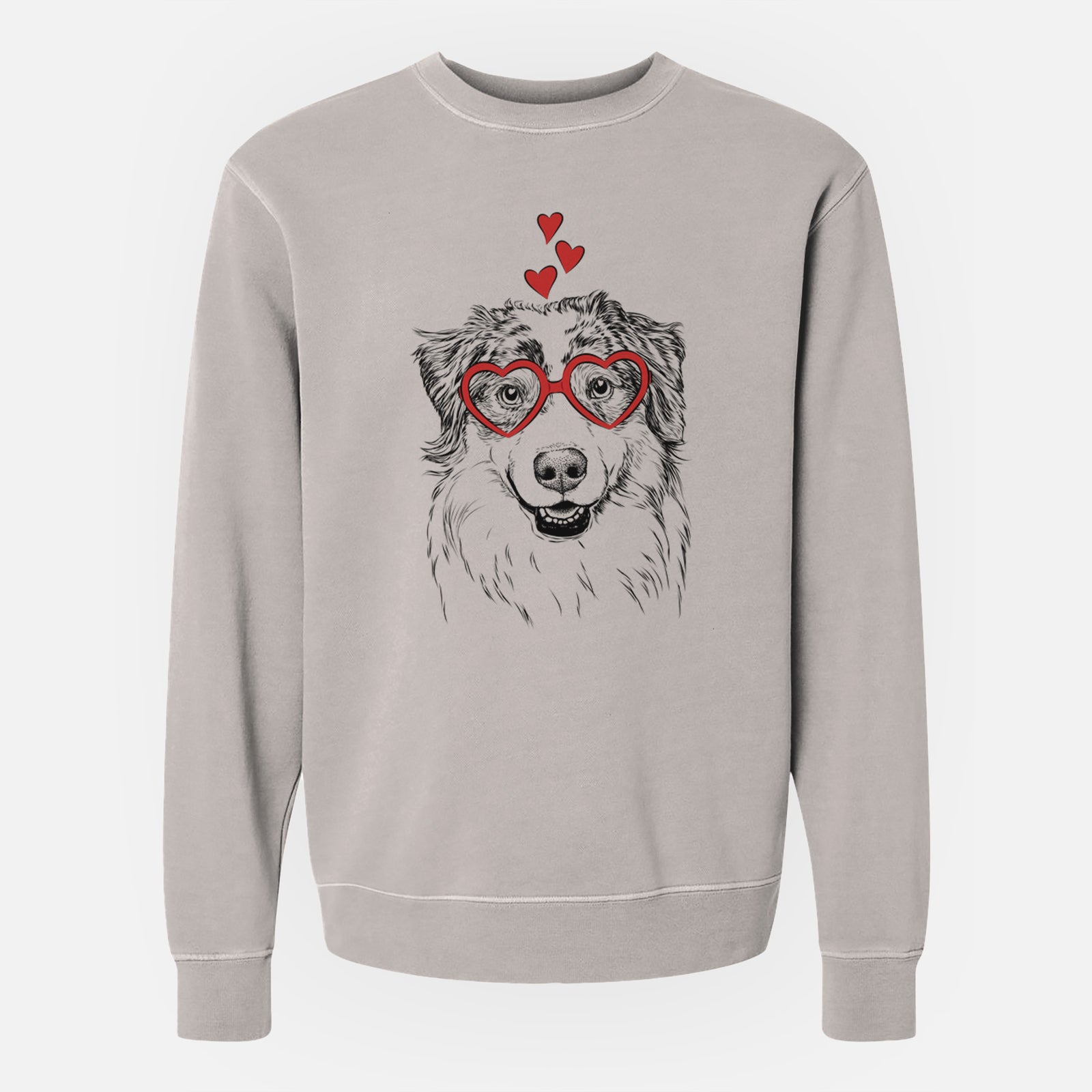 Hand-drawn sketch of Aonghus the Australian Shepherd wearing heart-shaped glasses on a Cement Unisex pigment dyed crew sweatshirt