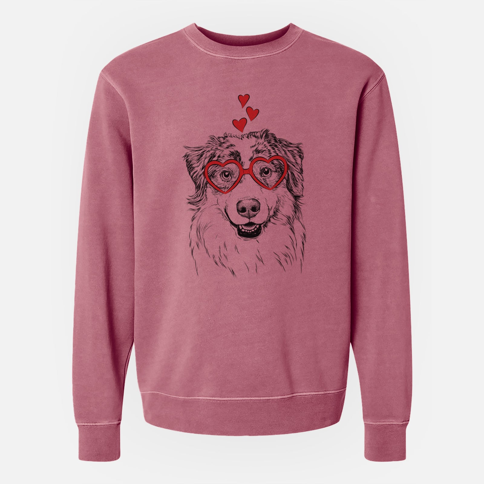 Hand-drawn sketch of Aonghus the Australian Shepherd wearing heart-shaped glasses on a Maroon Unisex pigment dyed crew sweatshirt