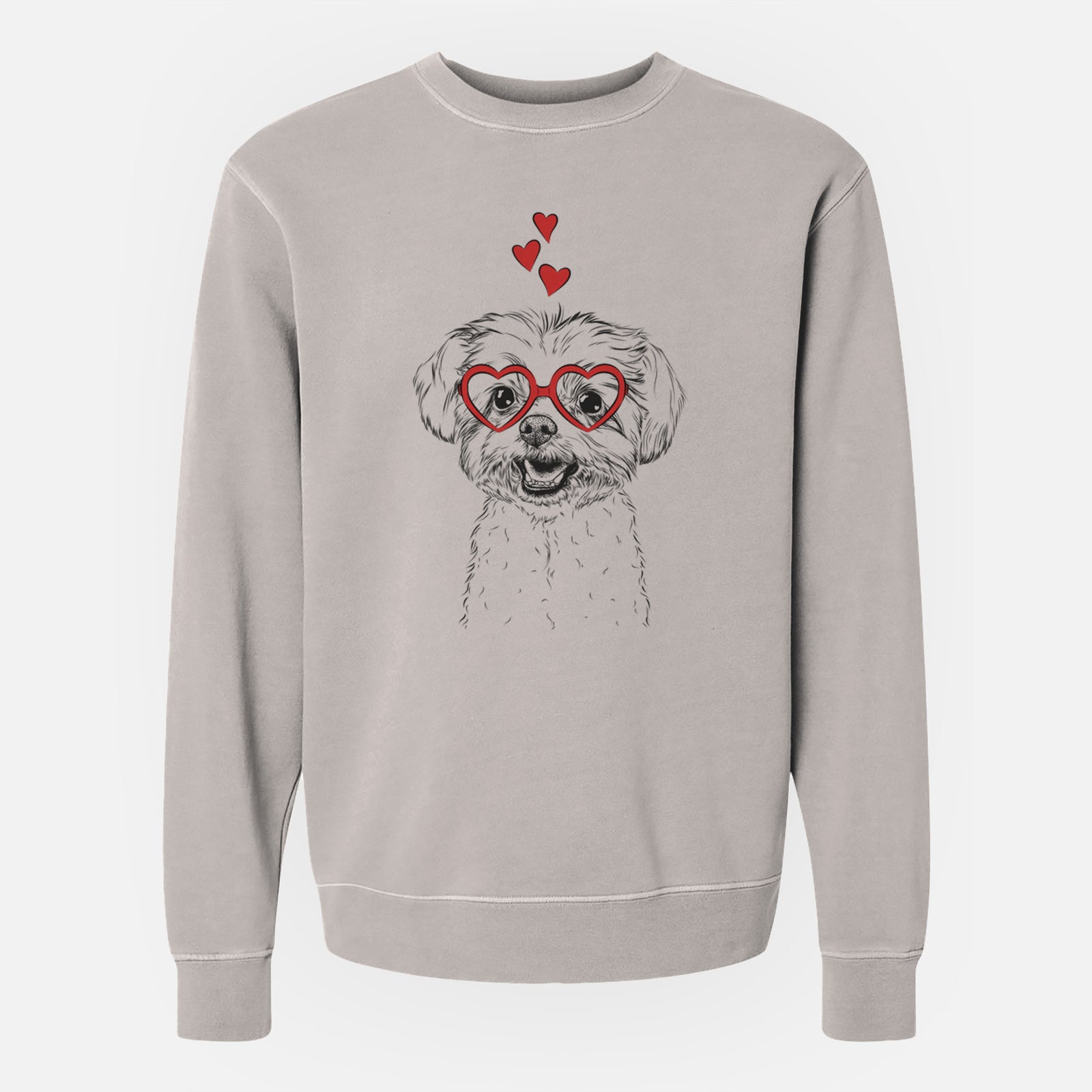Hand-drawn sketch of Aspen the Morkie wearing heart-shaped glasses on a Cement Unisex pigment dyed crew sweatshirt