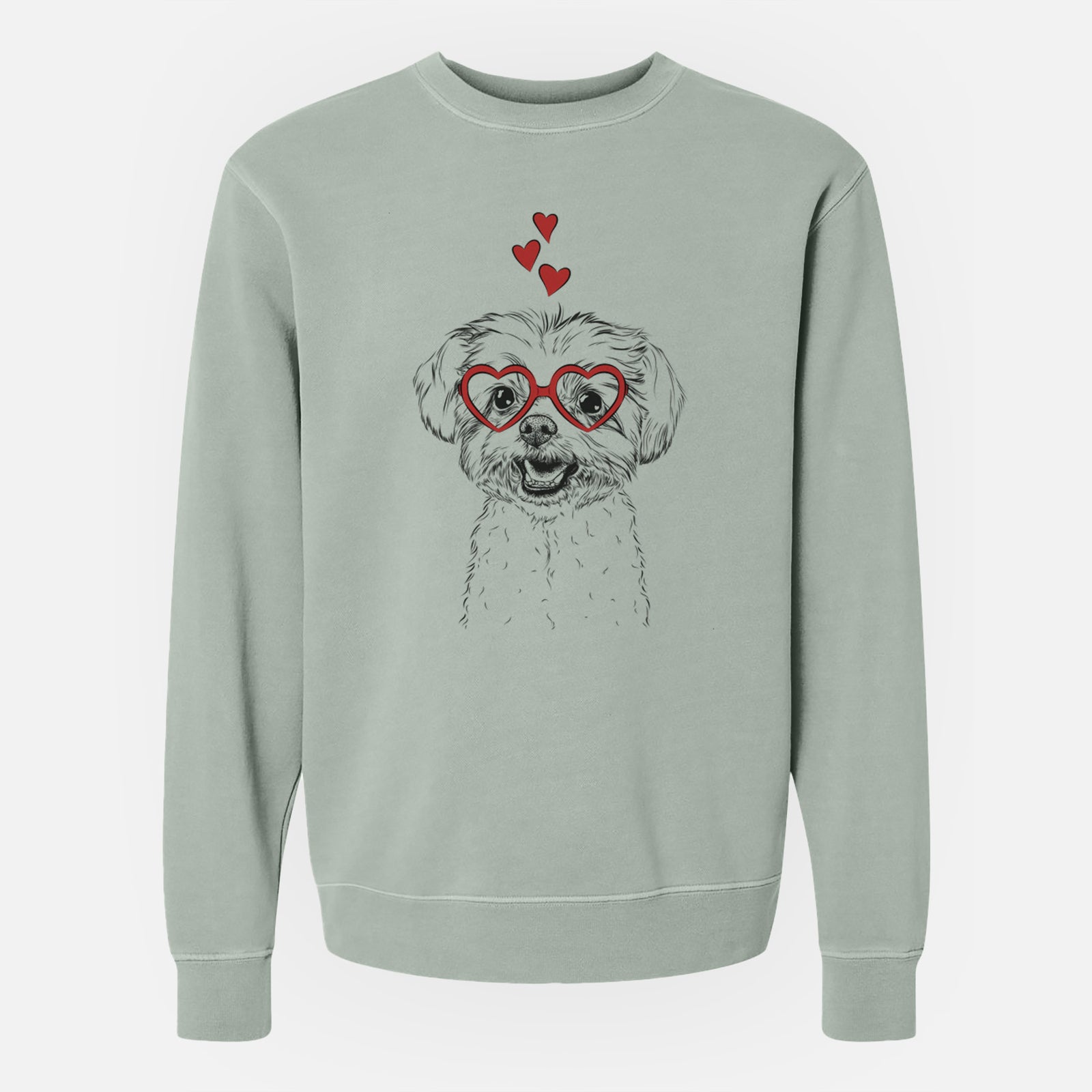 Hand-drawn sketch of Aspen the Morkie wearing heart-shaped glasses on a Sage Unisex pigment dyed crew sweatshirt