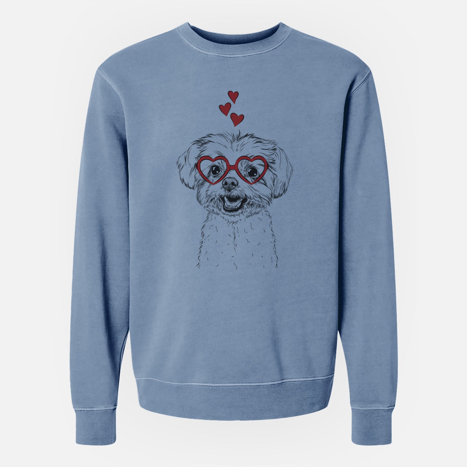 Hand-drawn sketch of Aspen the Morkie wearing heart-shaped glasses on a Slate Blue Unisex pigment dyed crew sweatshirt