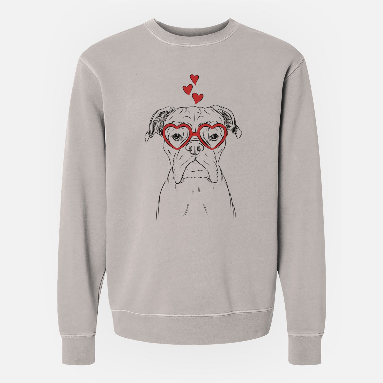Hand-drawn sketch of Axel the Boxer wearing heart-shaped glasses on a Cement Unisex pigment dyed crew sweatshirt