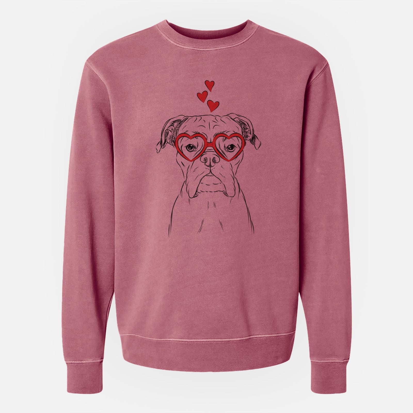 Hand-drawn sketch of Axel the Boxer wearing heart-shaped glasses on a Maroon Unisex pigment dyed crew sweatshirt