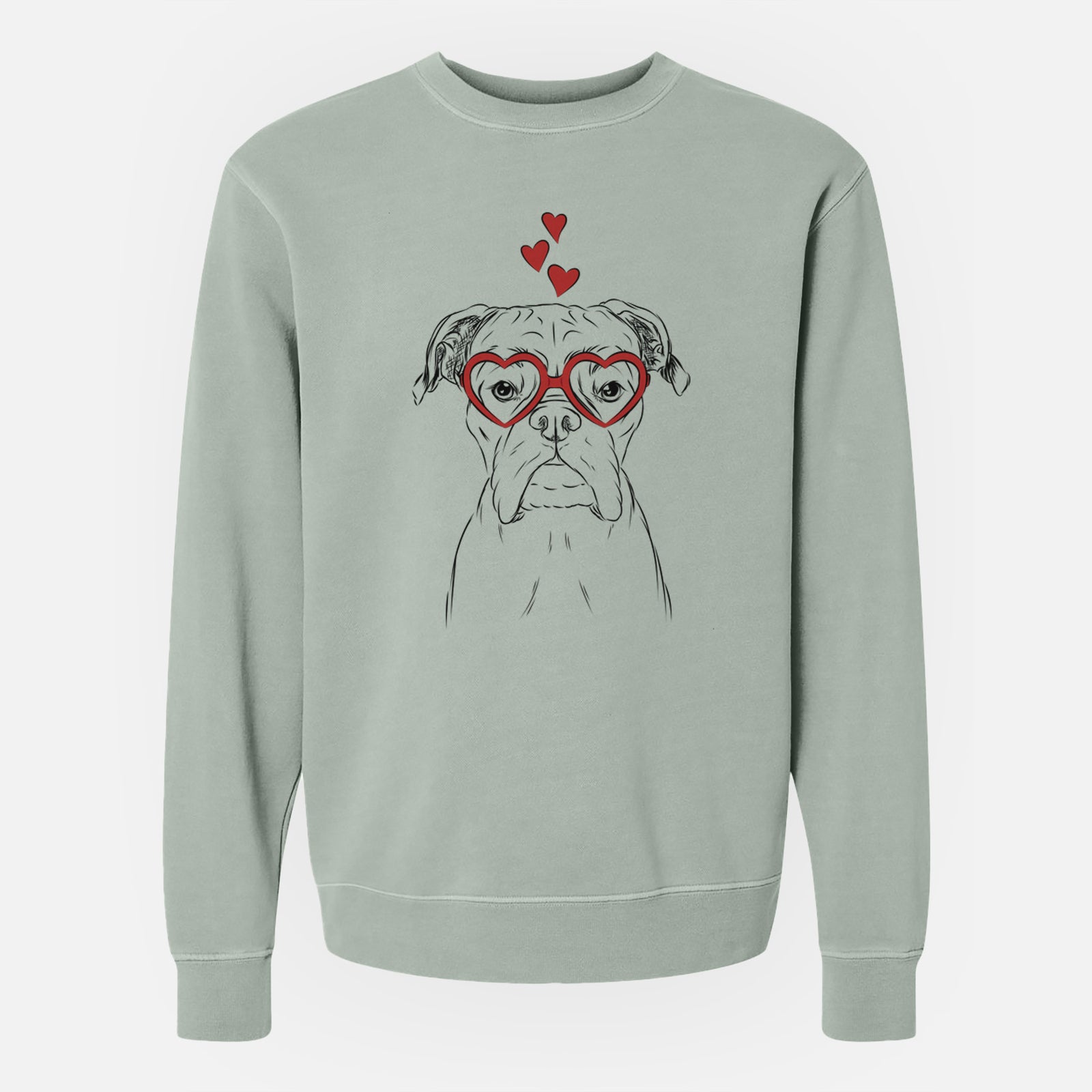 Hand-drawn sketch of Axel the Boxer wearing heart-shaped glasses on a Sage Unisex pigment dyed crew sweatshirt