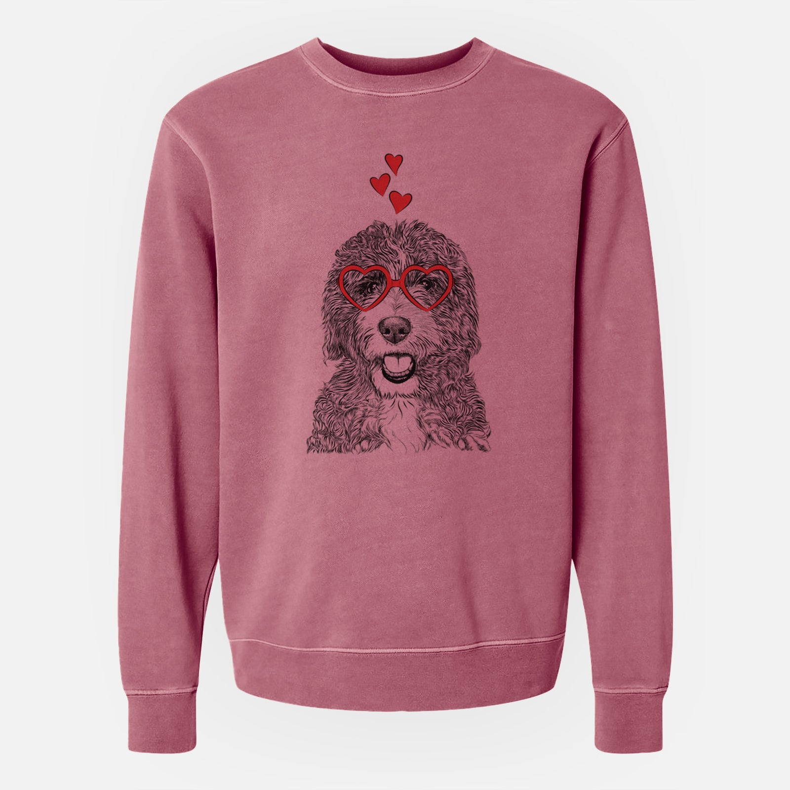 Hand-drawn sketch of Bash the Bernedoodle wearing heart-shaped glasses on a Maroon Unisex pigment dyed crew sweatshirt