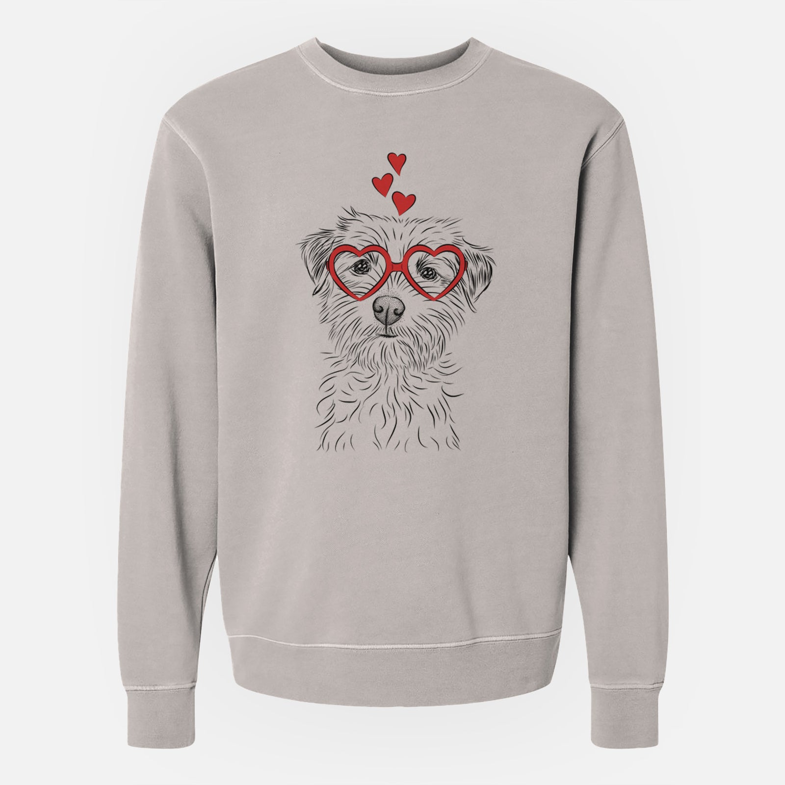 Hand-drawn sketch of Benjamin the Border Terrier wearing heart-shaped glasses on a Cement Unisex pigment dyed crew sweatshirt